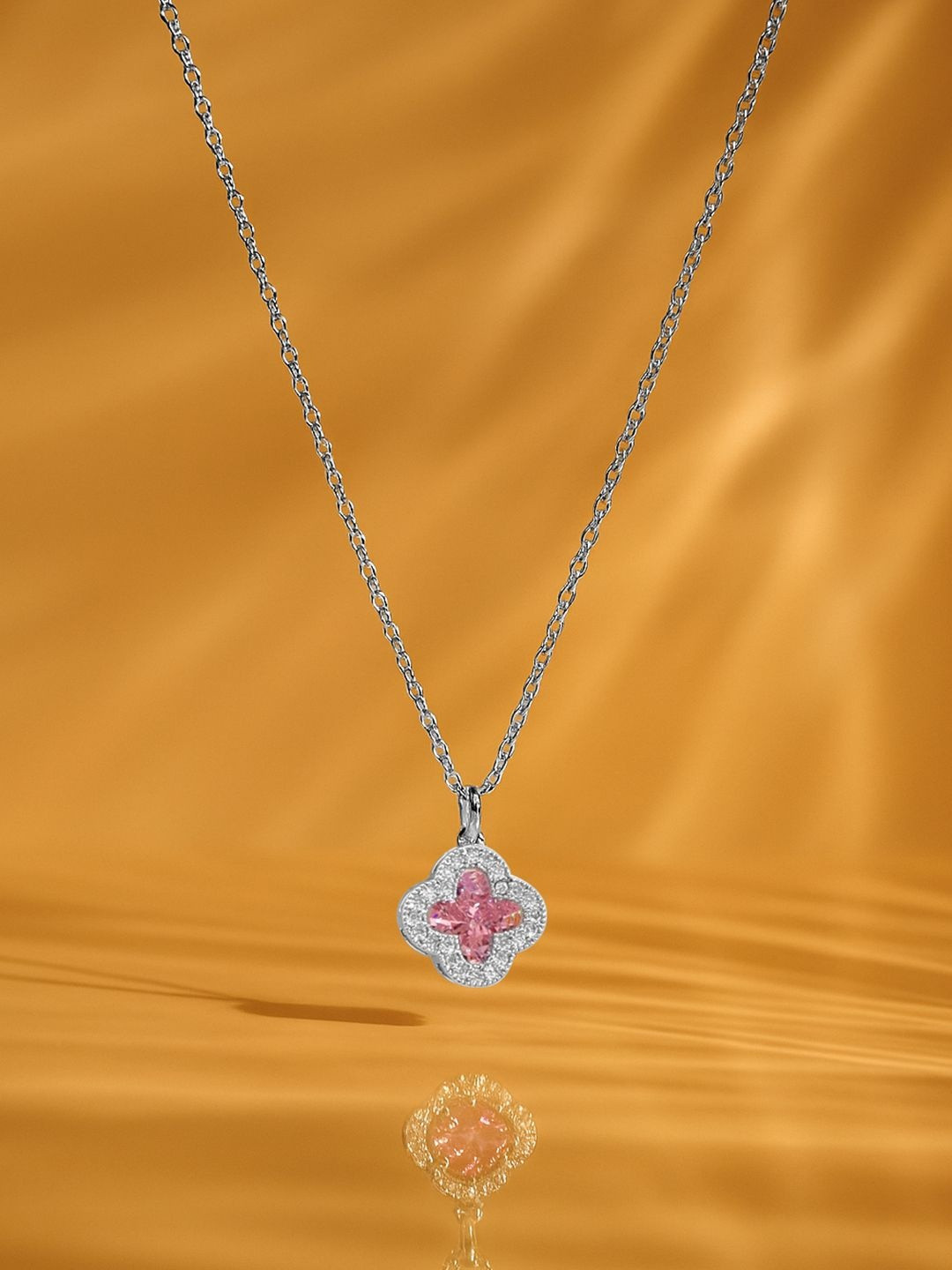 Rubans Rhodium-Plated Pink Stone & Cubic Zirconia Pendant Chain Necklace