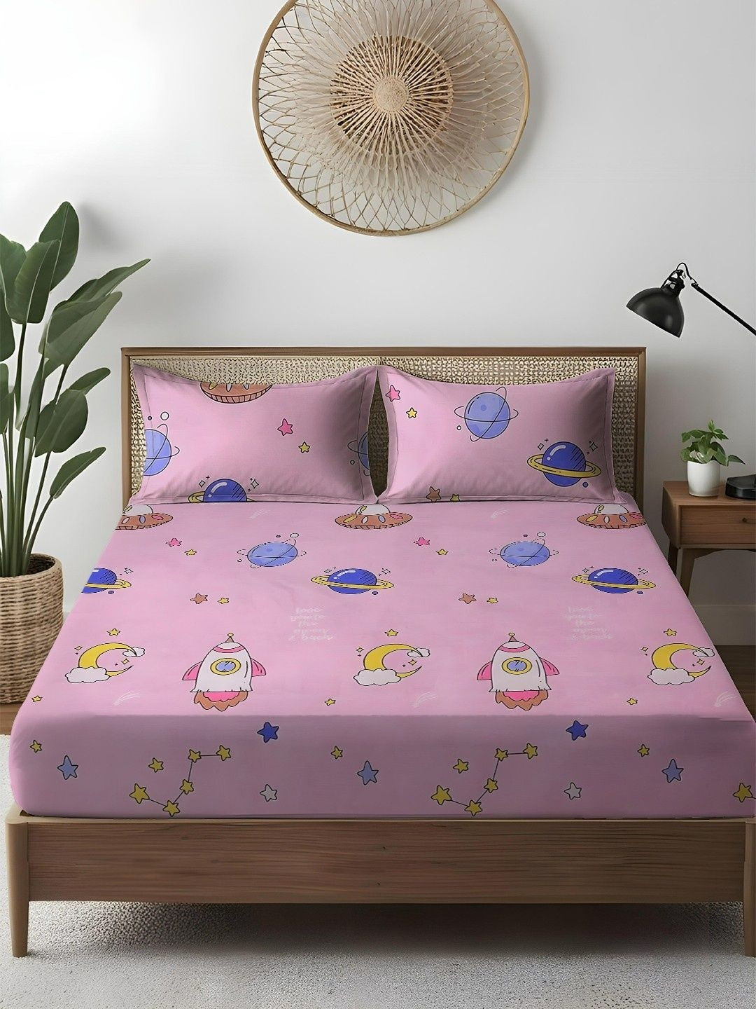 WEAVE AND DECOR Pink Cartoon Characters 300 TC Bedsheet with 2 Pillow Covers