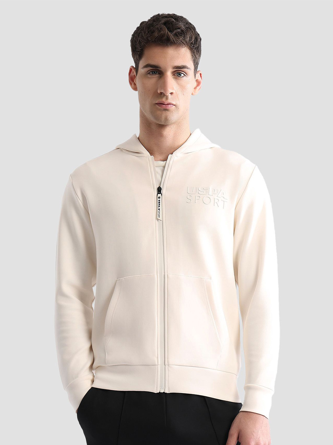 USPA Sport Men Printed Hooded Long Sleeves Slim Fit Front-Open Sweatshirt