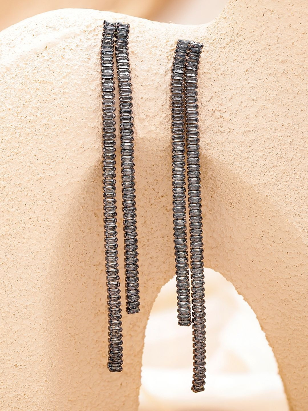 Rubans Rhodium-Plated Brass Crystal AD Linear Tassel Earrings in Black Silver Tone