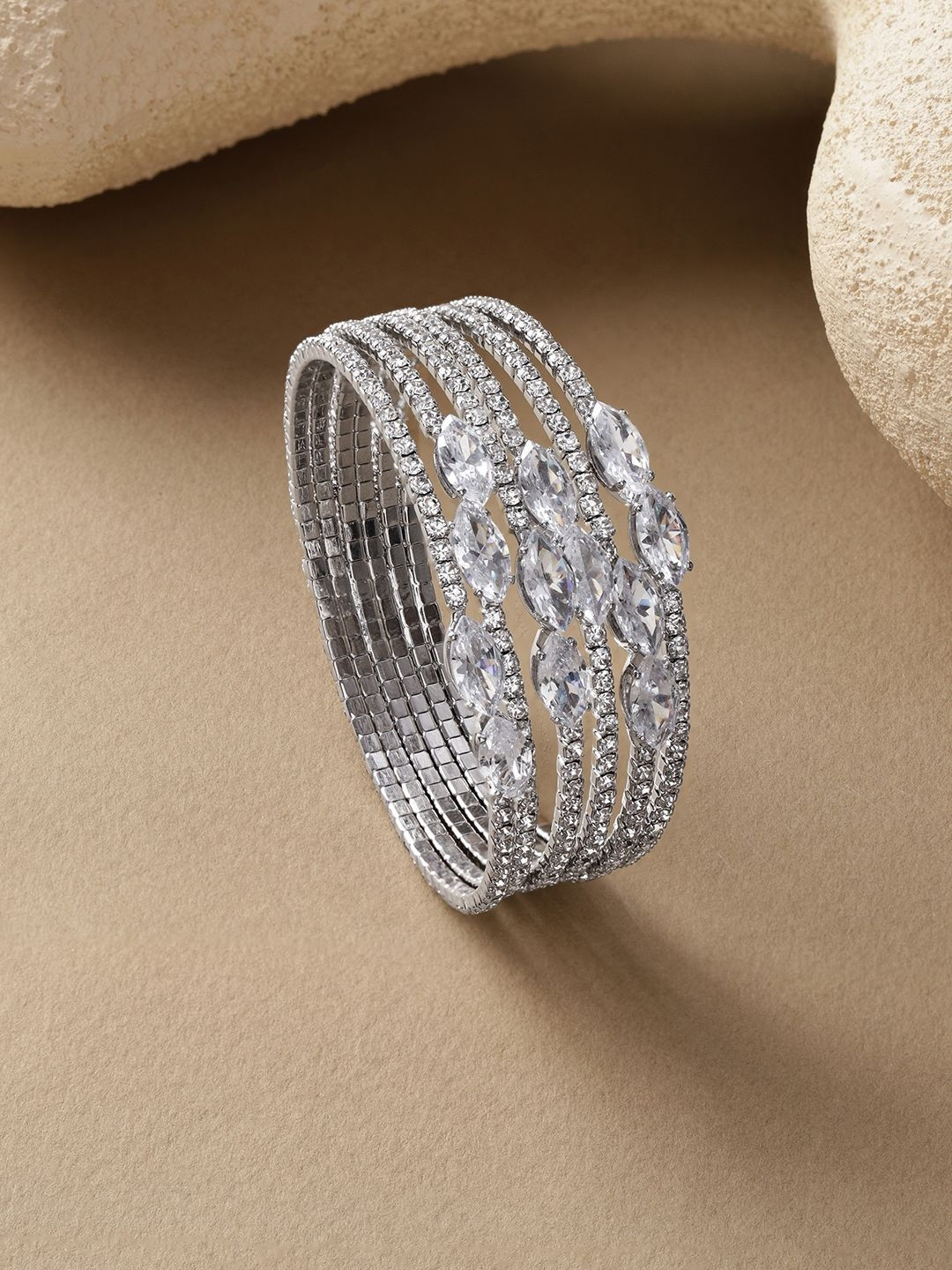 Rubans Rhodium-Plated Brass Marquise & Round Cubic Zirconia Multilayer Bracelet