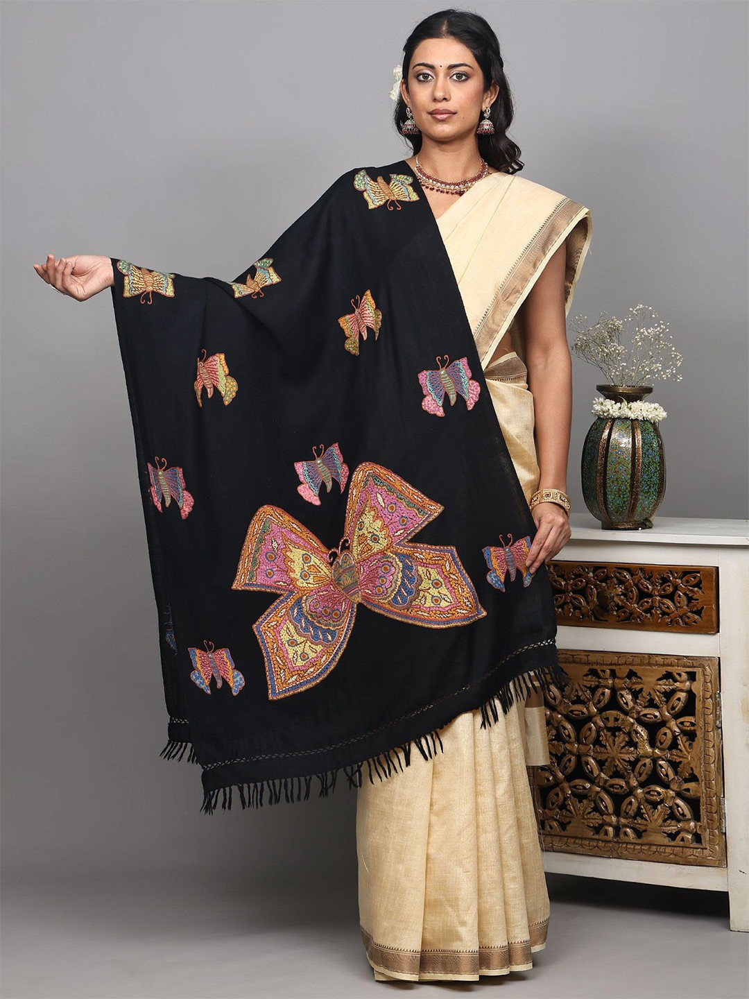 Exotic India Butterfly Aari Embroidered Shawl