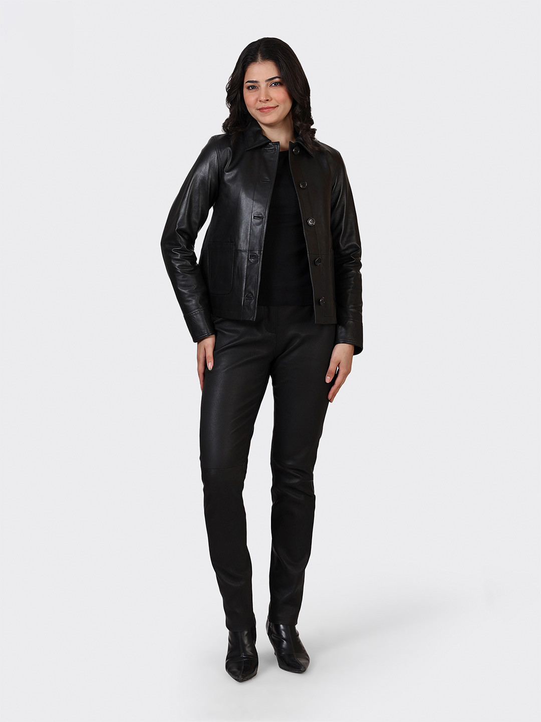 HUE & HIDE Women Spread Collar Solid Biker Leather Jacket