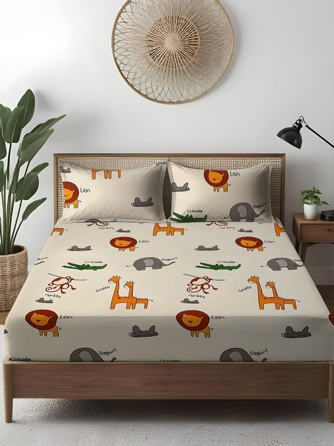WEAVE AND DECOR Beige Cartoon Characters 300 TC King Bedsheet with 2 Pillow Covers