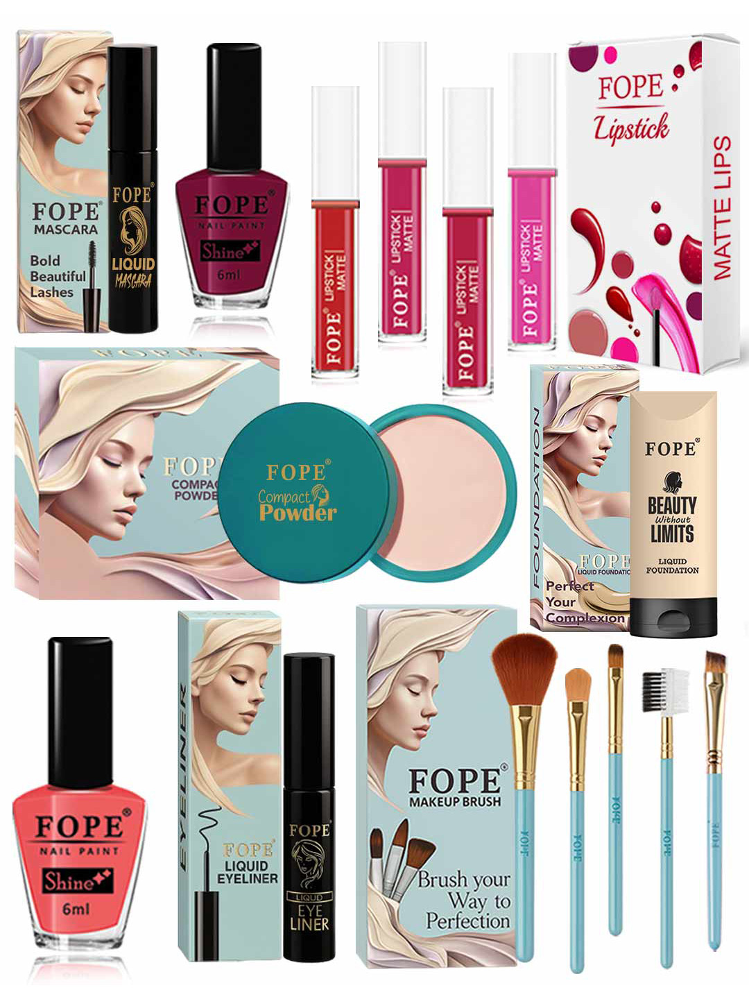 FOPE Set Of 15 Long Lasting Smudge Proof Lightweight Bridal Glam Makeup Combo