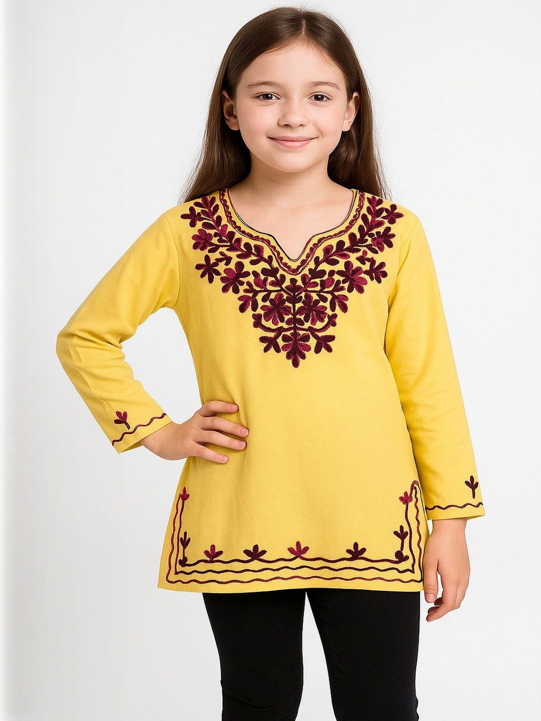 Naida Girls Ethnic Motifs Embroidered Chikankari Short Kurti with Notched Round Neckline