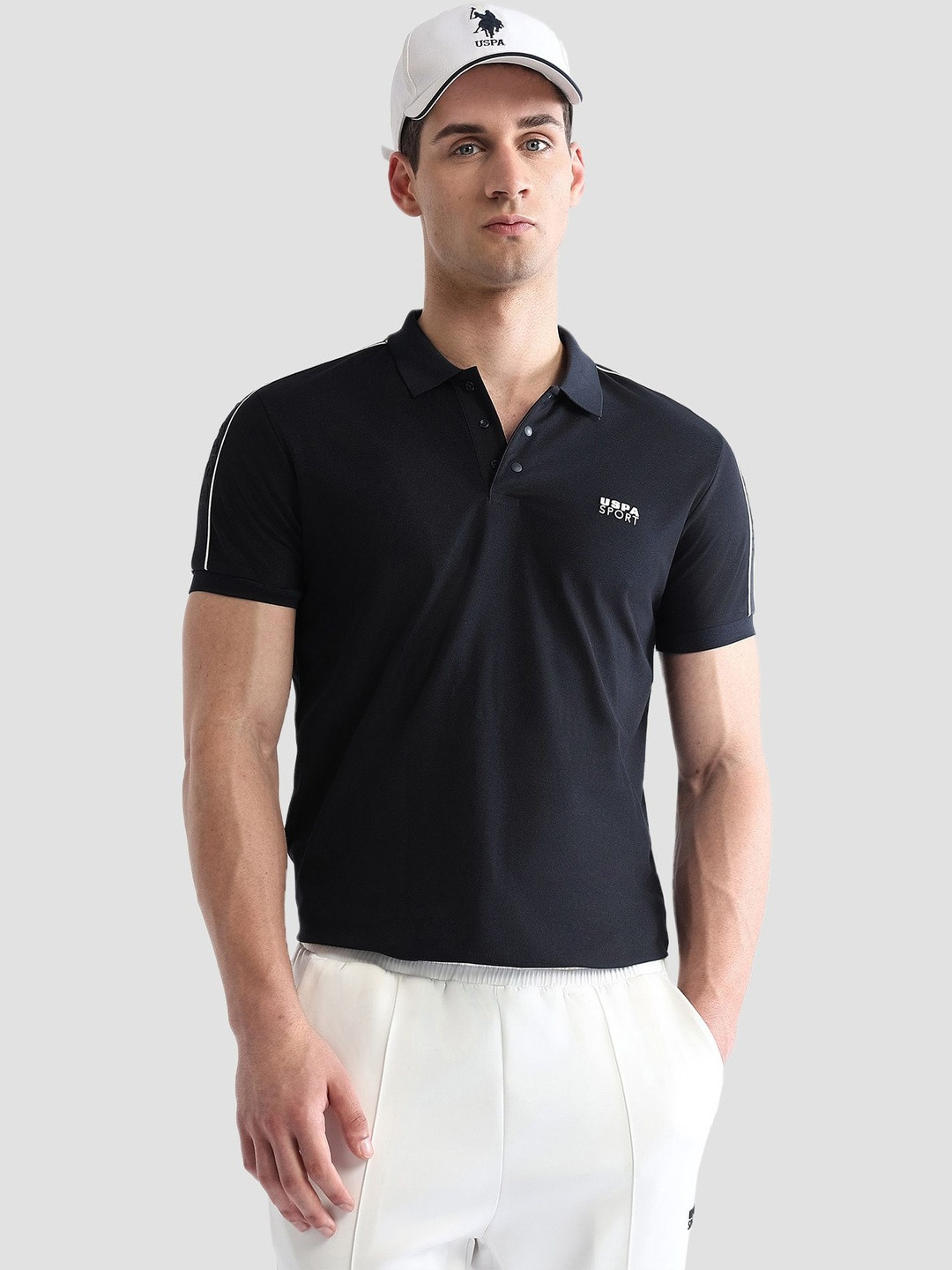 USPA Sport Men Brand Logo Printed Polo Collar Slim Fit T-shirt