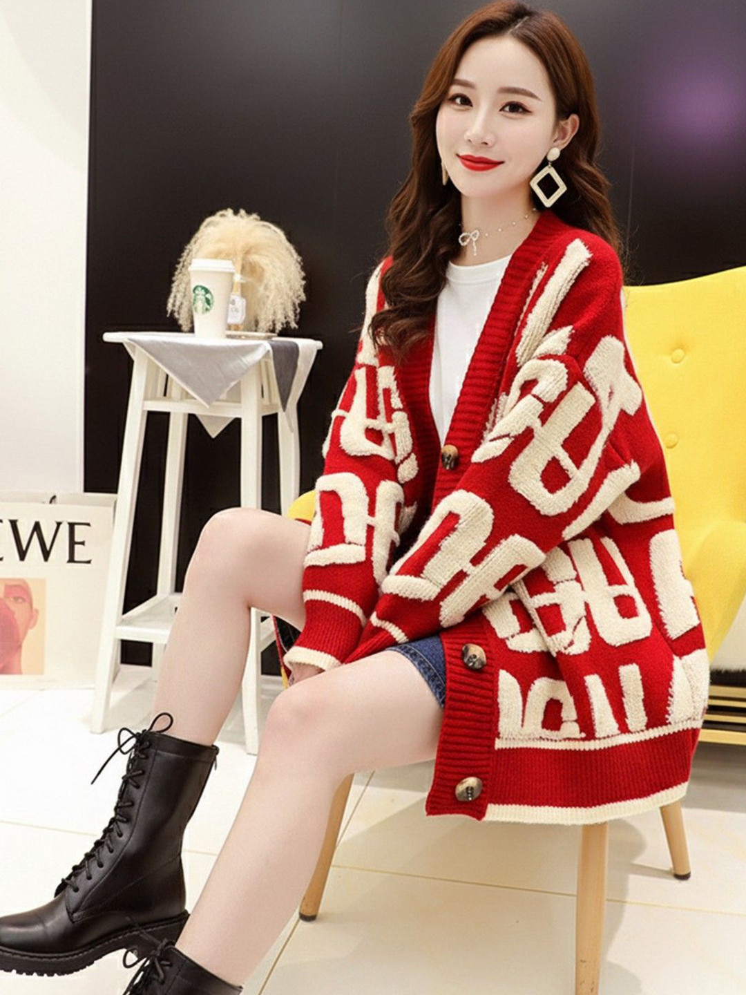 HERE&NOW Women Alphanumeric Self Design Full Sleeves Woollen Cardigan Sweater