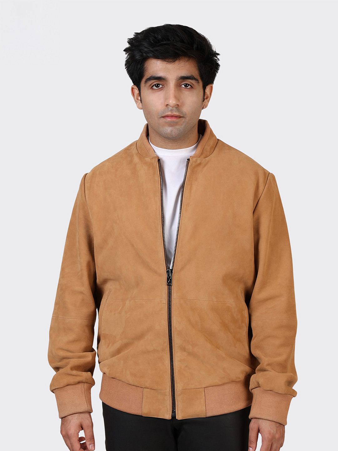 HUE & HIDE Men Stand Collar Solid Bomber Suede Leather Jacket