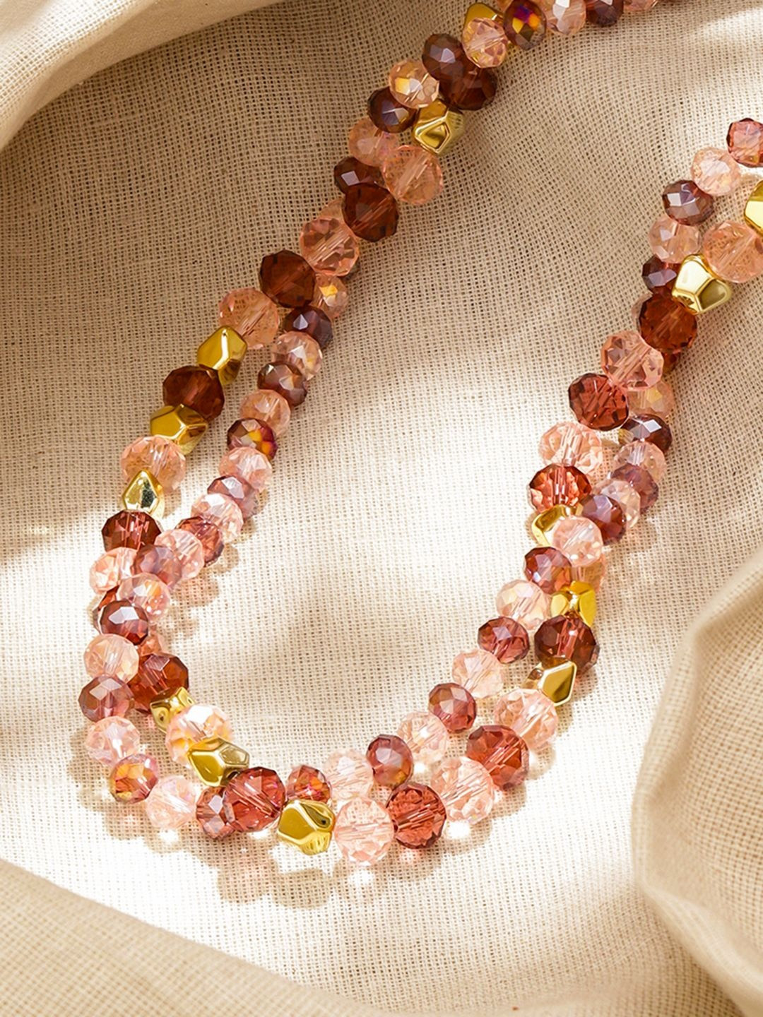 Rubans 18K Gold-Plated Brass Multi-Layered Amber, Pink & Golden Crystal Beaded Necklace