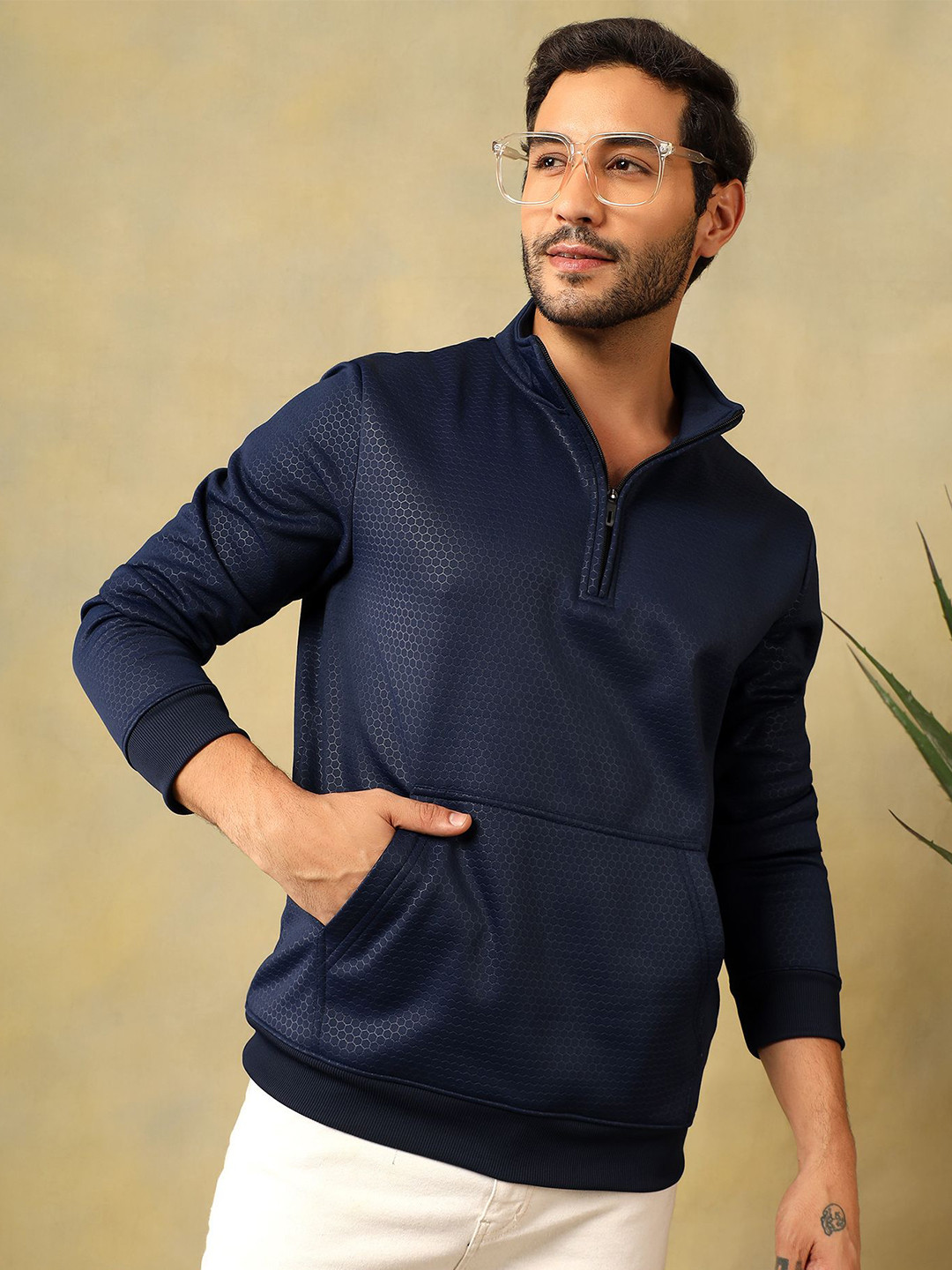 Unicus Apparel Men Self Design Mock Collar Half Zipper Sweatshirt