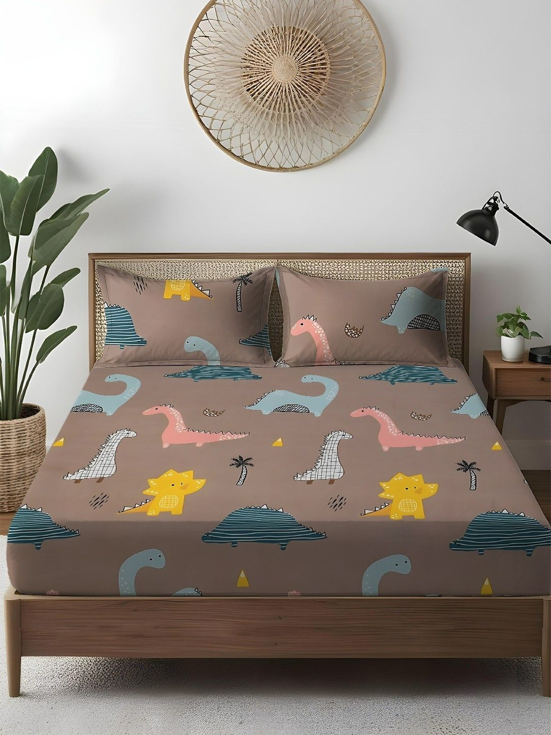 WEAVE AND DECOR Brown Cartoon Characters 300 TC Bedsheet with 2 Pillow Covers