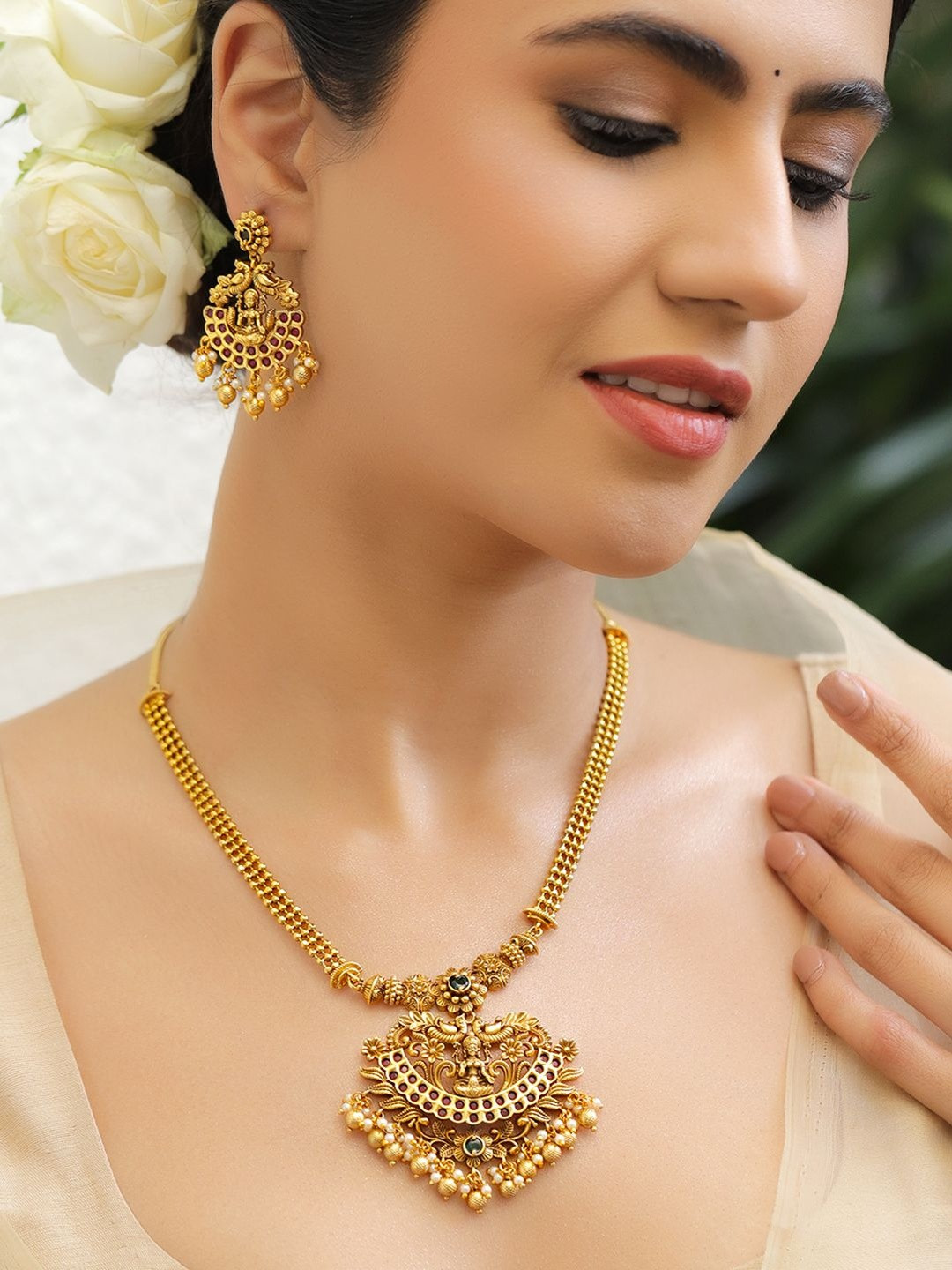 Rubans 18K Gold-Plated Brass Ruby, Green Stones & Pearls Temple Necklace Set