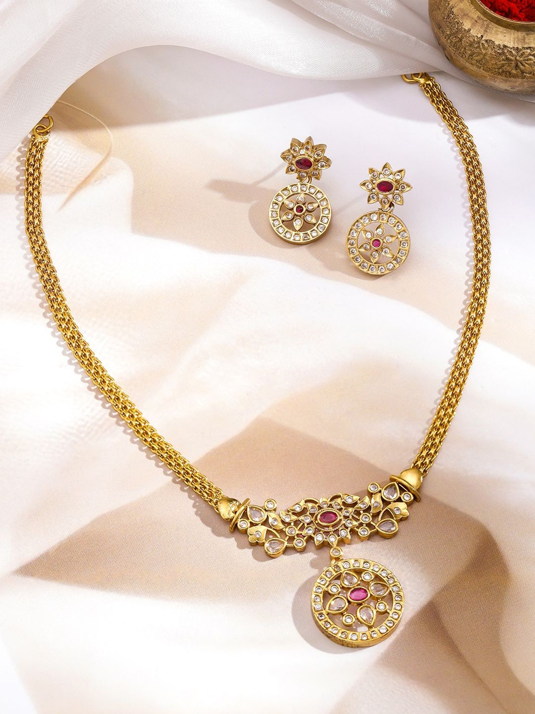 Rubans 22K Gold-Plated Ruby & Cubic Zirconia Studded Pendant Necklace Set with Earrings