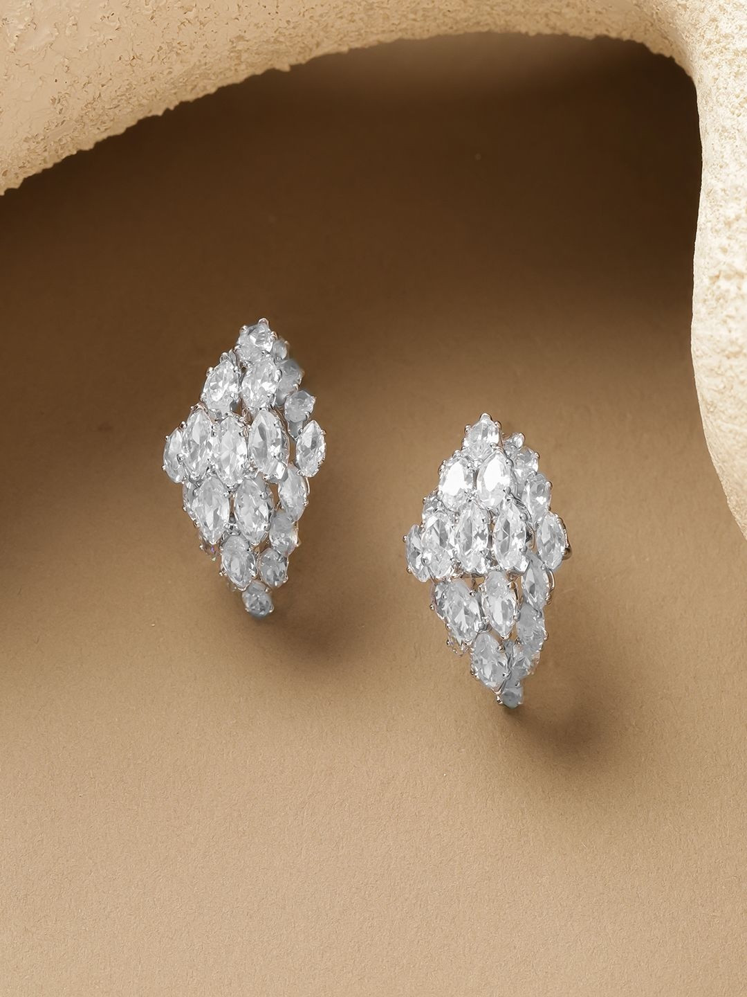 Rubans Rhodium-Plated White Cubic Zirconia Marquise-Cut Cluster Stud Earrings