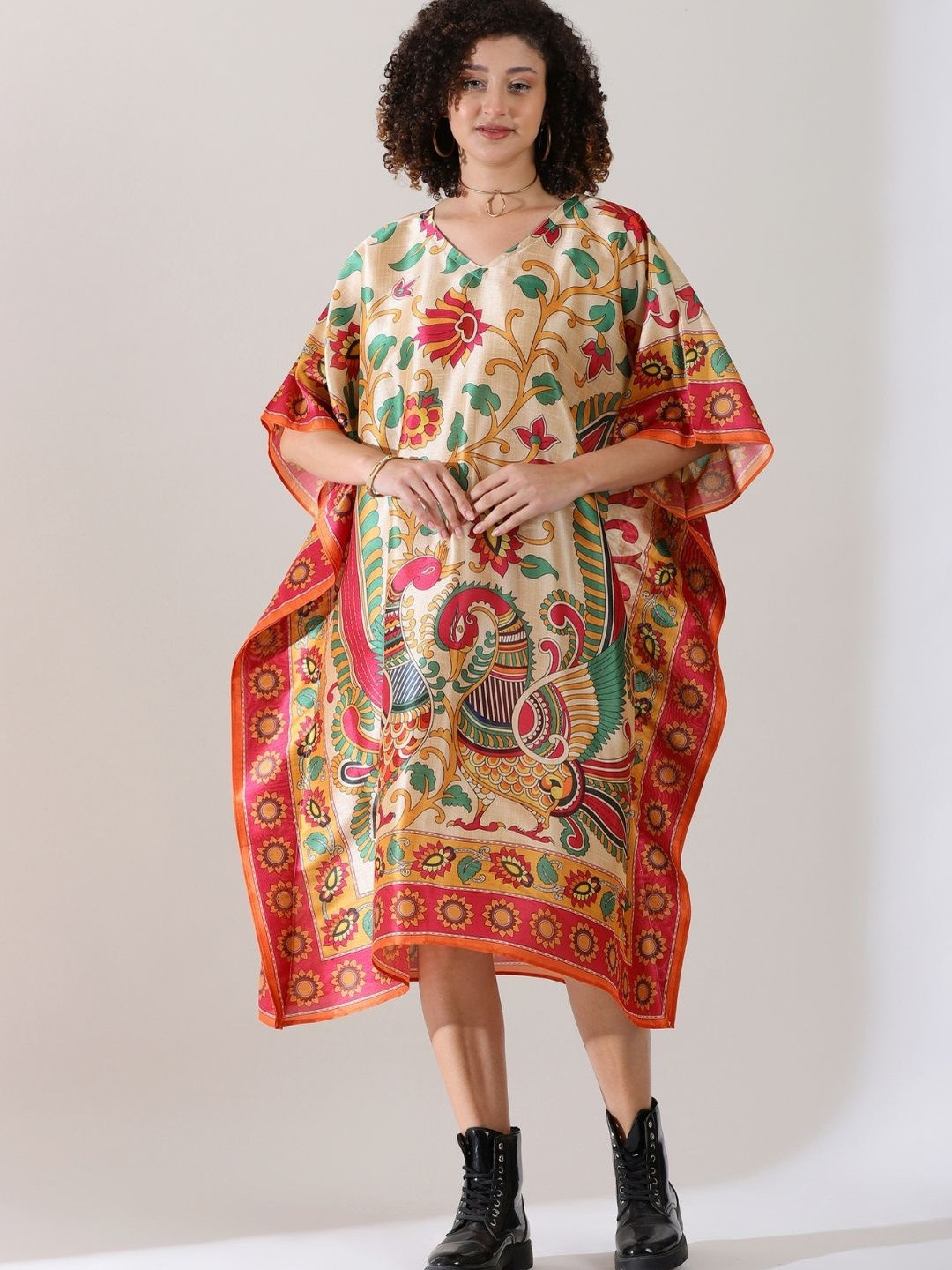 PIAAH Women Madhubani Printed Viscose Silk Loose Fit Ethnic Lounge Wear Kaftan Dress