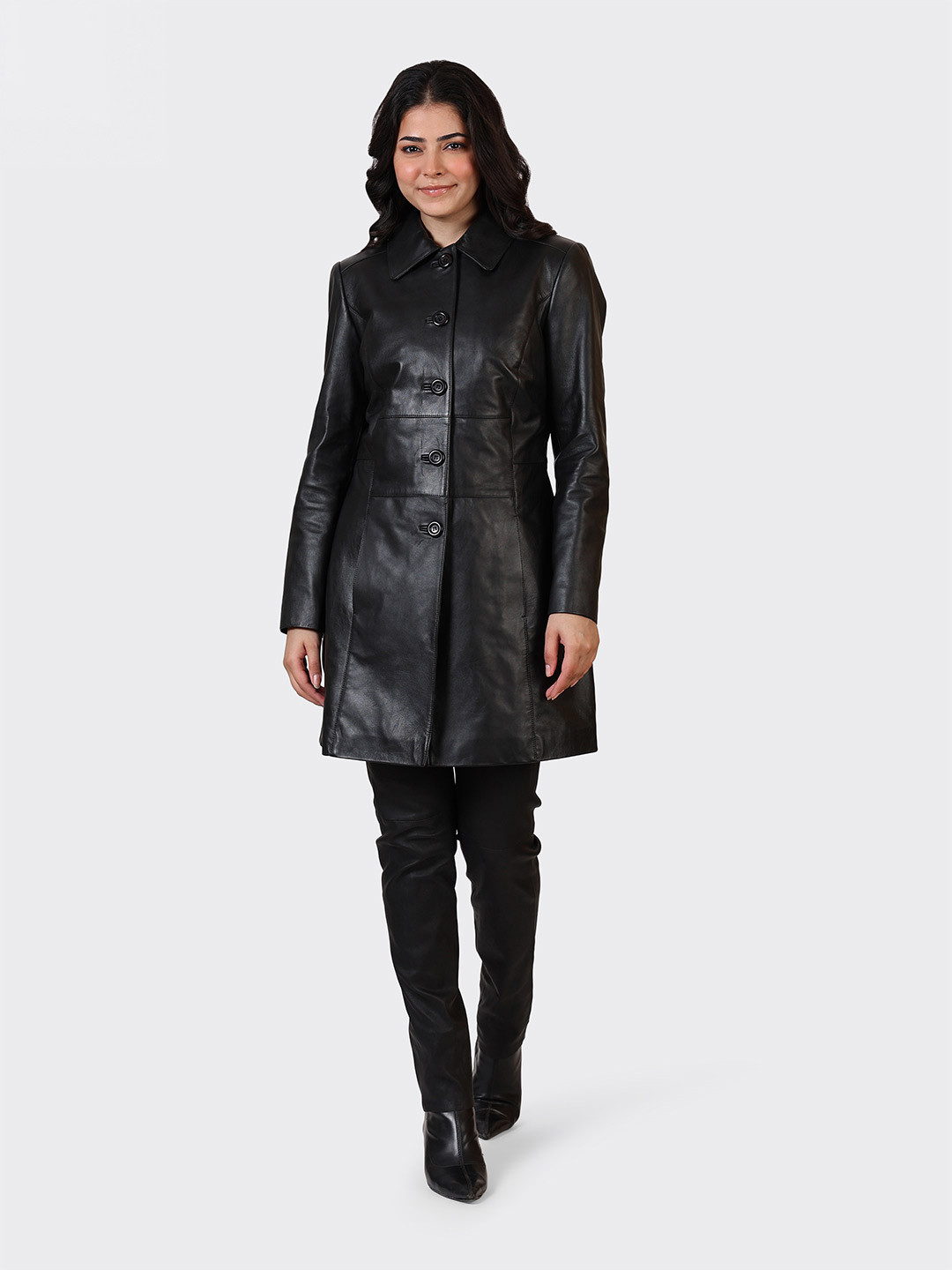 HUE & HIDE Spread Collar Long Sleeves Longline Leather Puffer Jacket