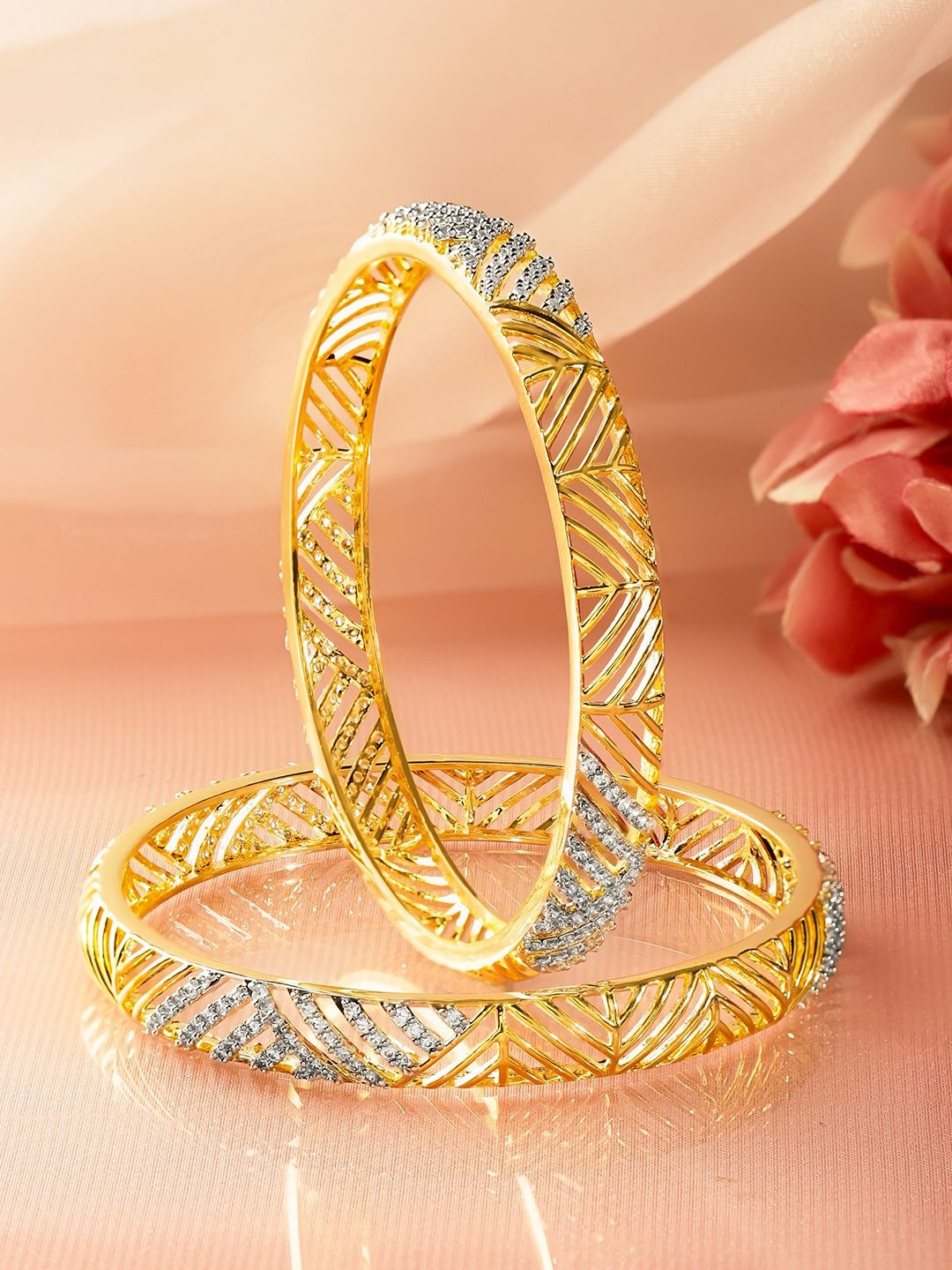 Rubans Set of 2 18K Gold-Plated Brass Cubic Zirconia Studded Cutwork Bangles