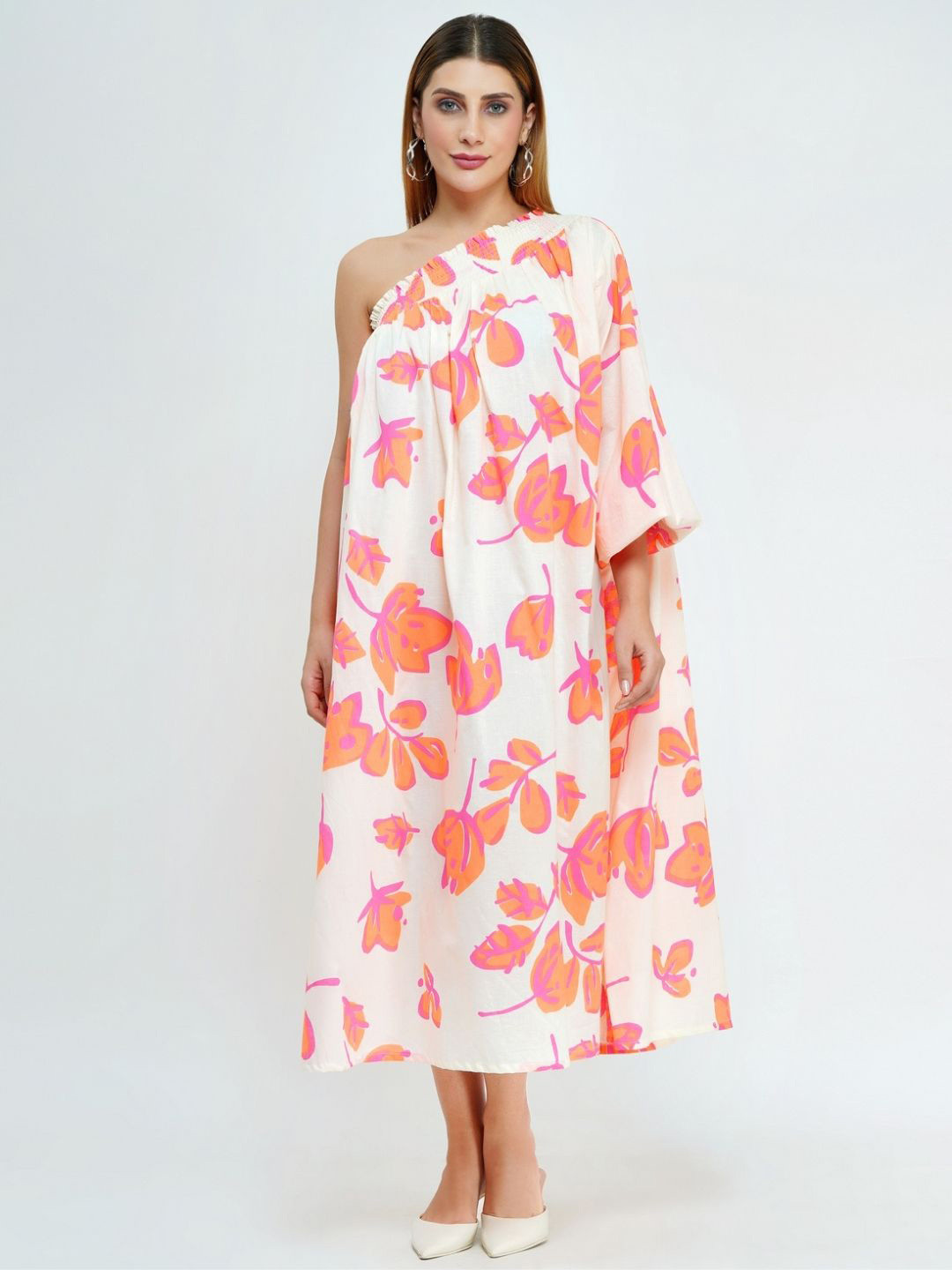 PIAAH Women's Elegant One-Shoulder Floral Print Resort Wear & Summer Casual Midi Dress