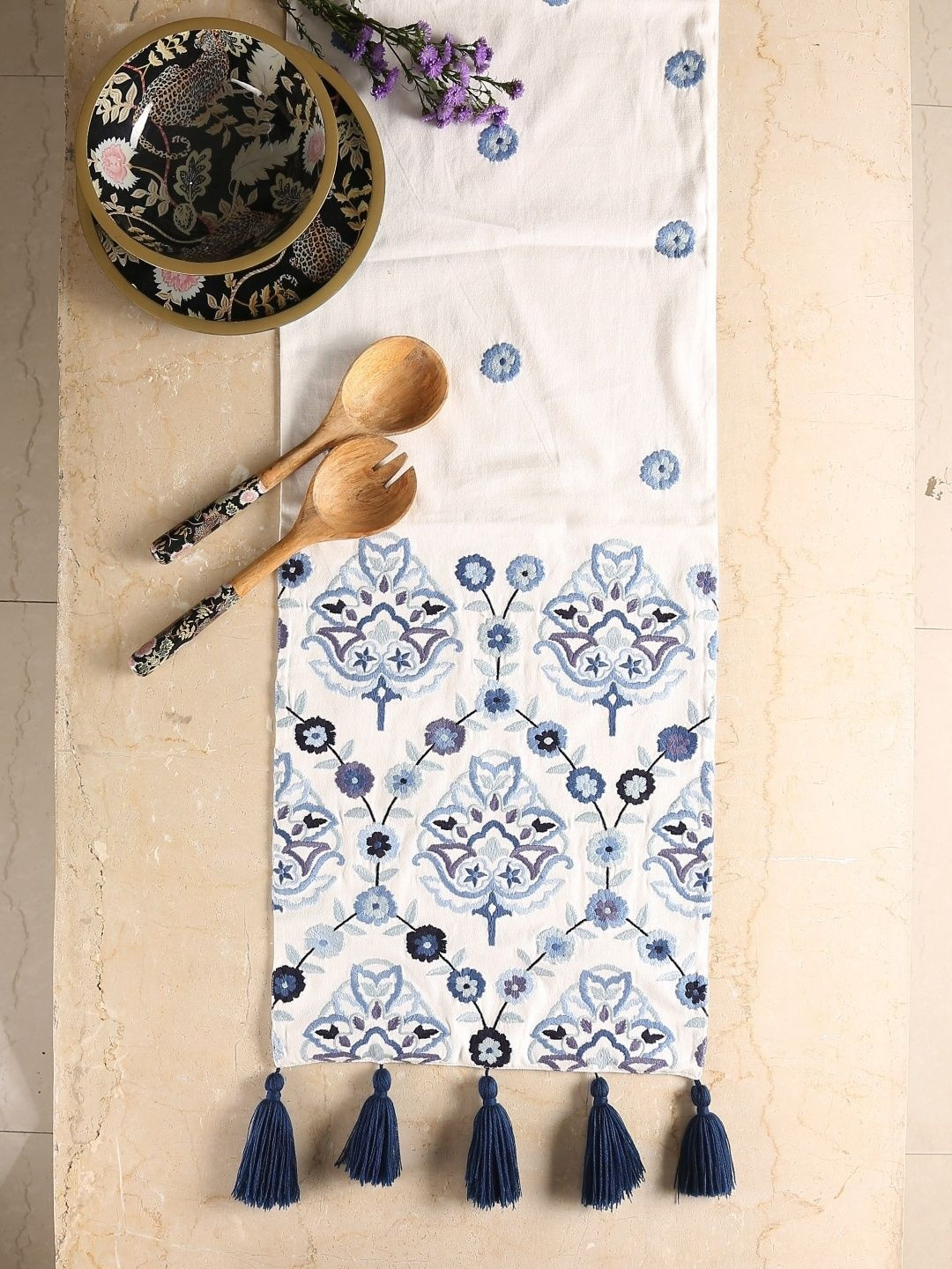 Revive Home Off-White & Blue Embroidered Table Runner With Tassels