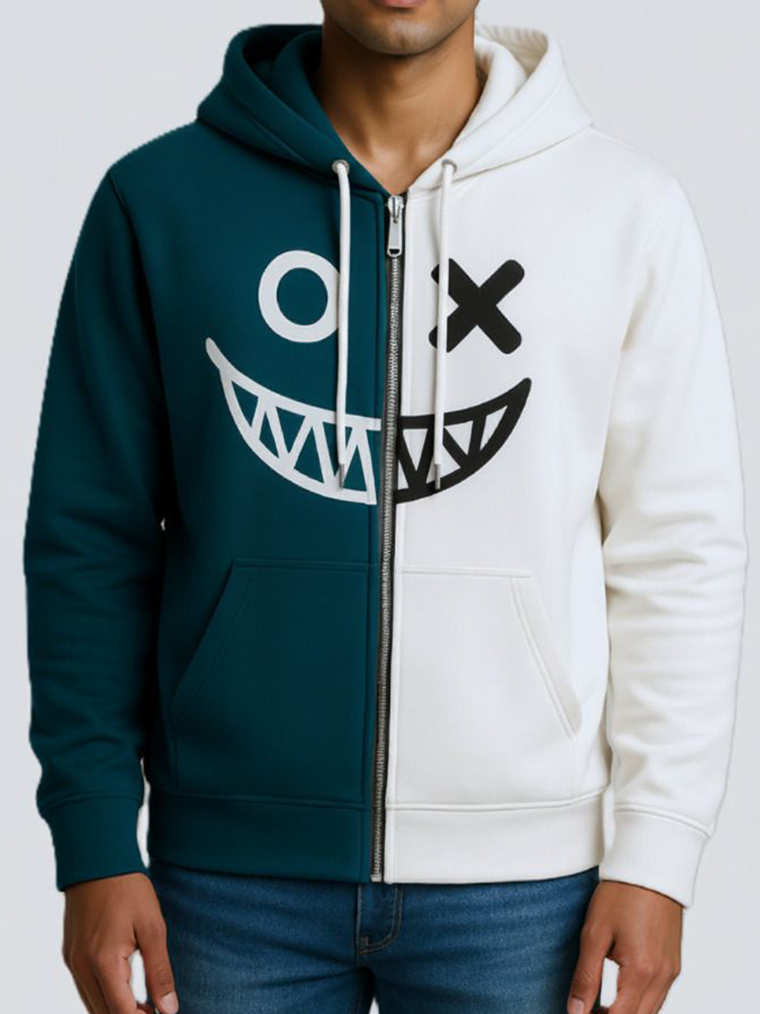 Try This Men Colourblocked Hooded Front-Open Sweatshirt