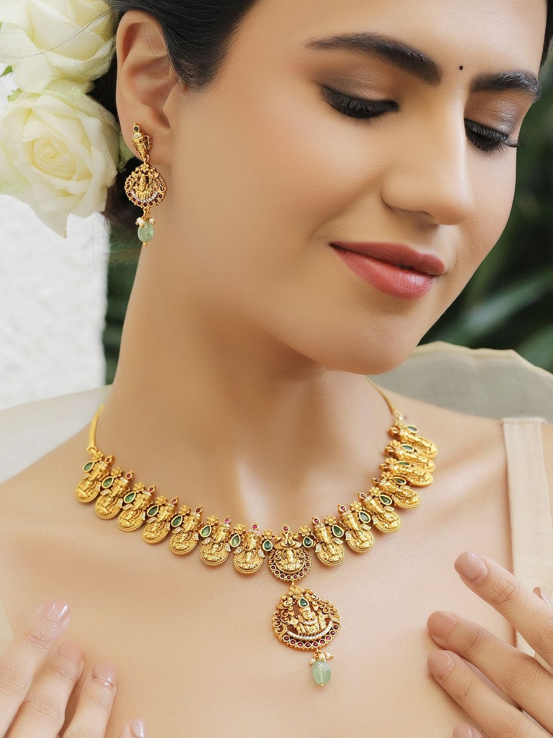 Rubans 18K Gold-Plated Brass Green, Red & CZ Stones & Mint Green Beads Temple Necklace Set