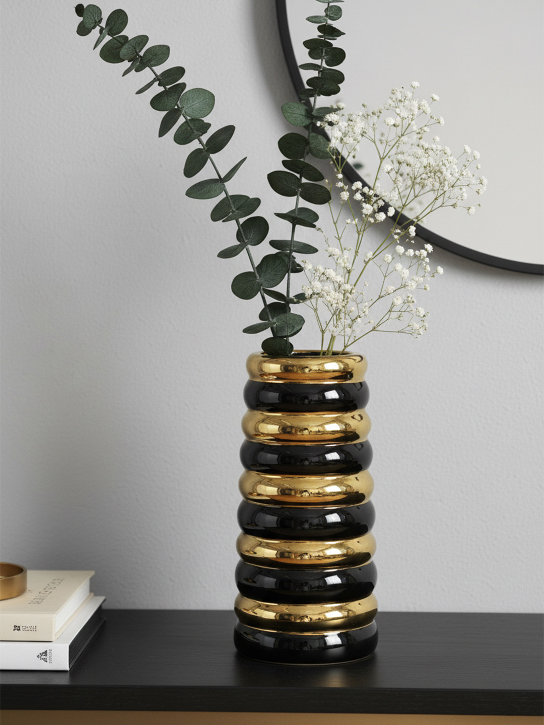 The Decor Lane Black & Gold-Coloured Striped Ceramic Vase