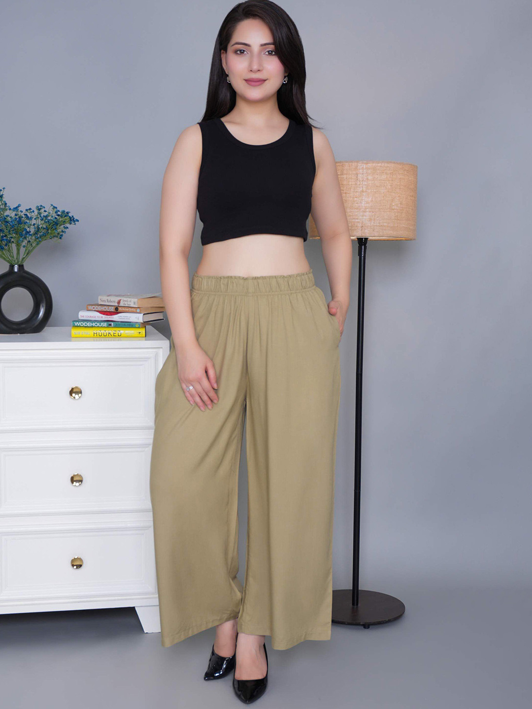 Mlada Women Mid Rise Regular Fit Solid Rayon Palazzo Pants