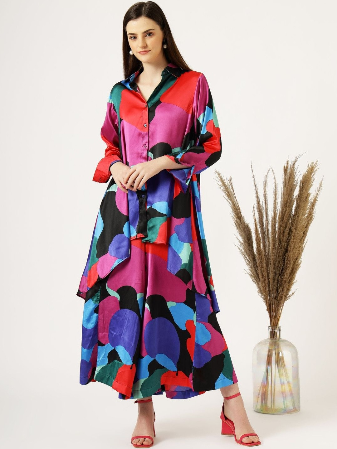 PIAAH Women Abstract Printed Shirt Collar Shirt With Palazzo Co-Ords