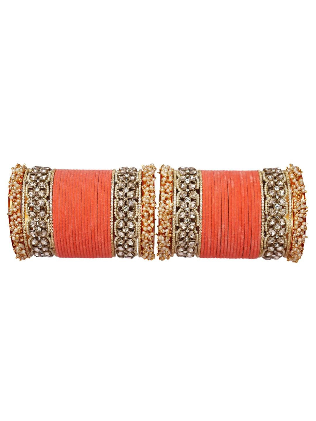 TAJ BRIDAL STORE Set Of 42 Kundan Studded & Beaded Rajasthani Bangles