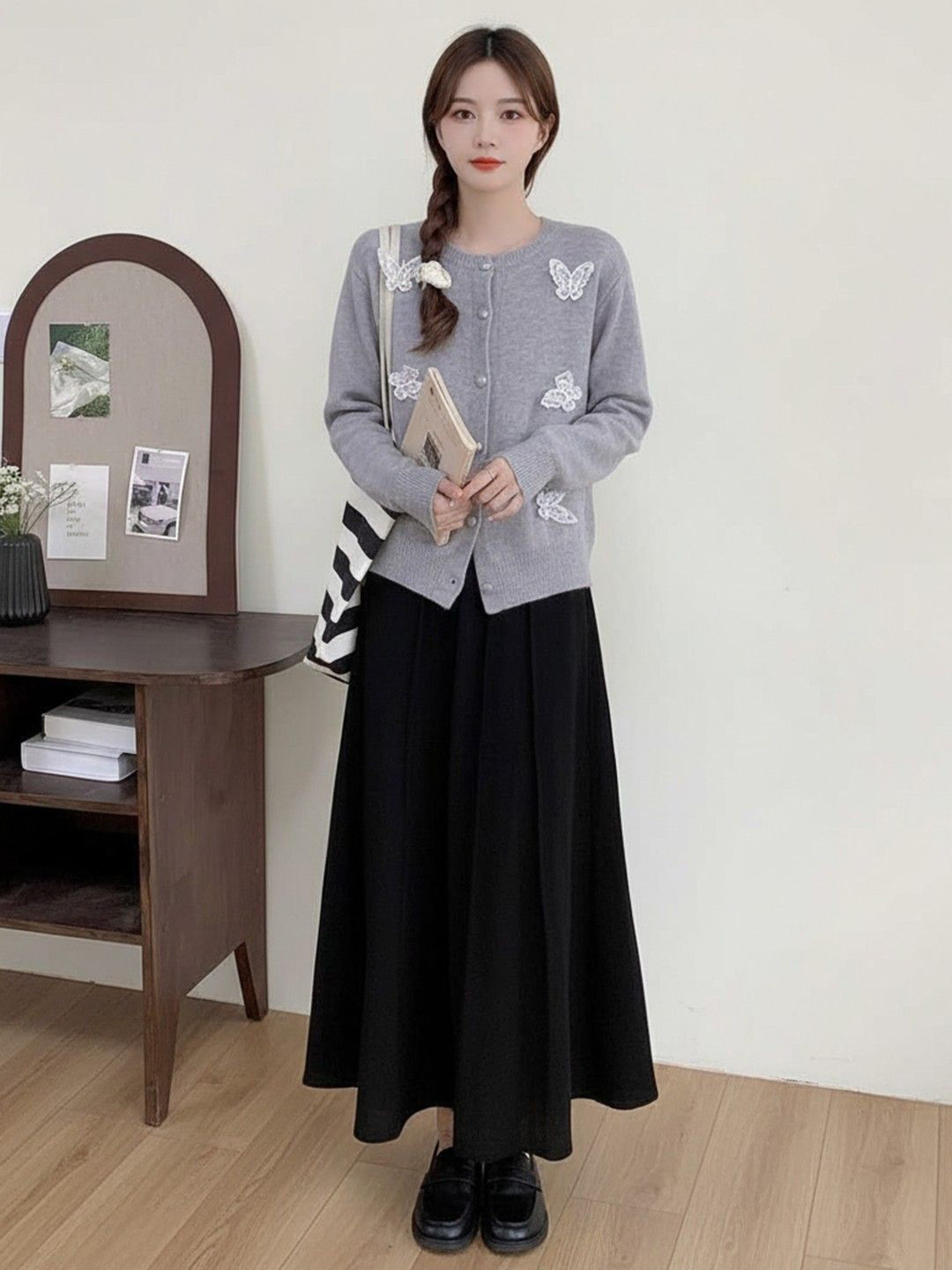 HERE&NOW Women Round Neck Cashmere Cardigan with Applique Detail