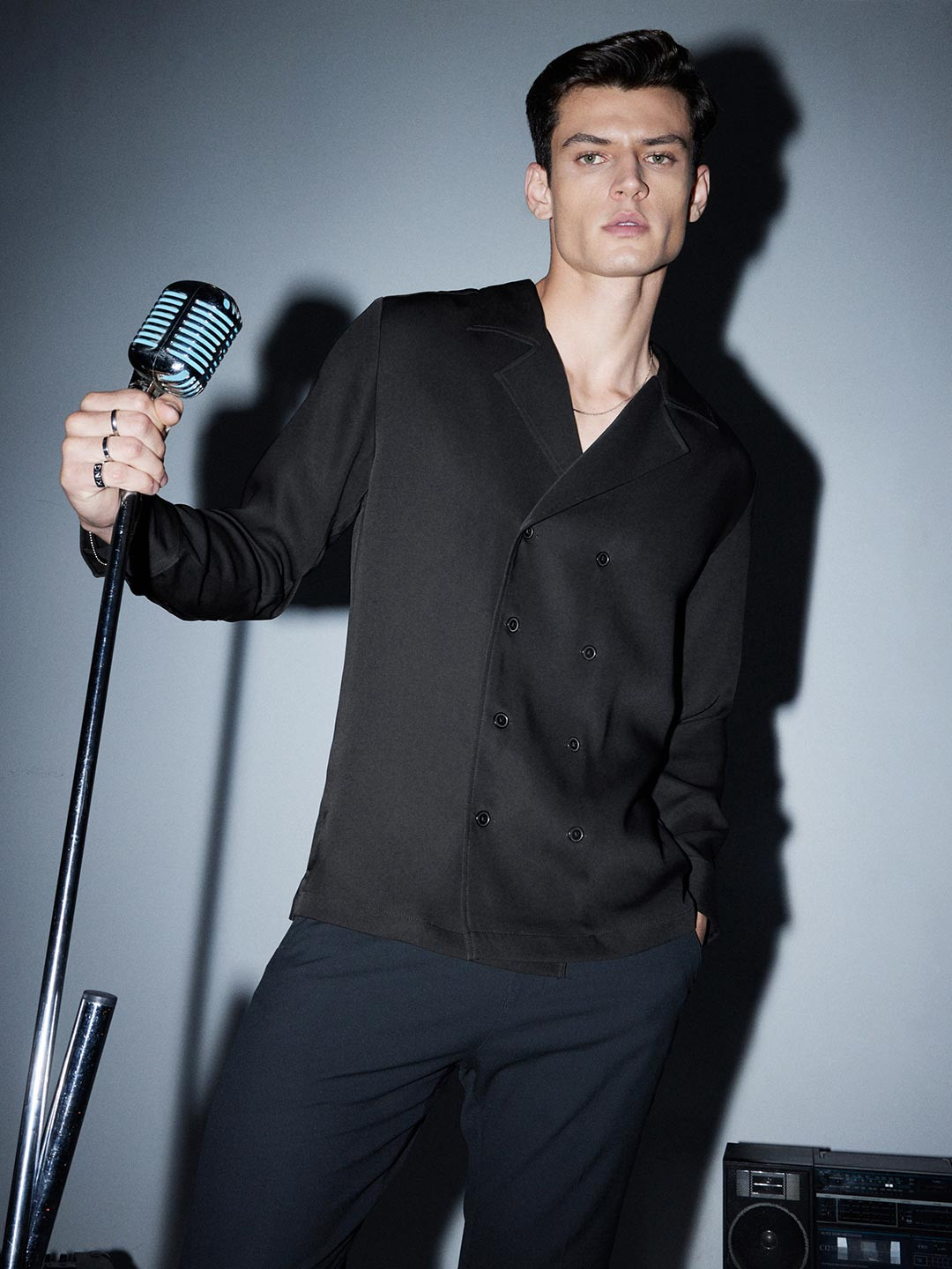 V Dot Men Solid Long Sleeves Notched Lapel Collar Double-Breasted Shirt Style Party Blazer