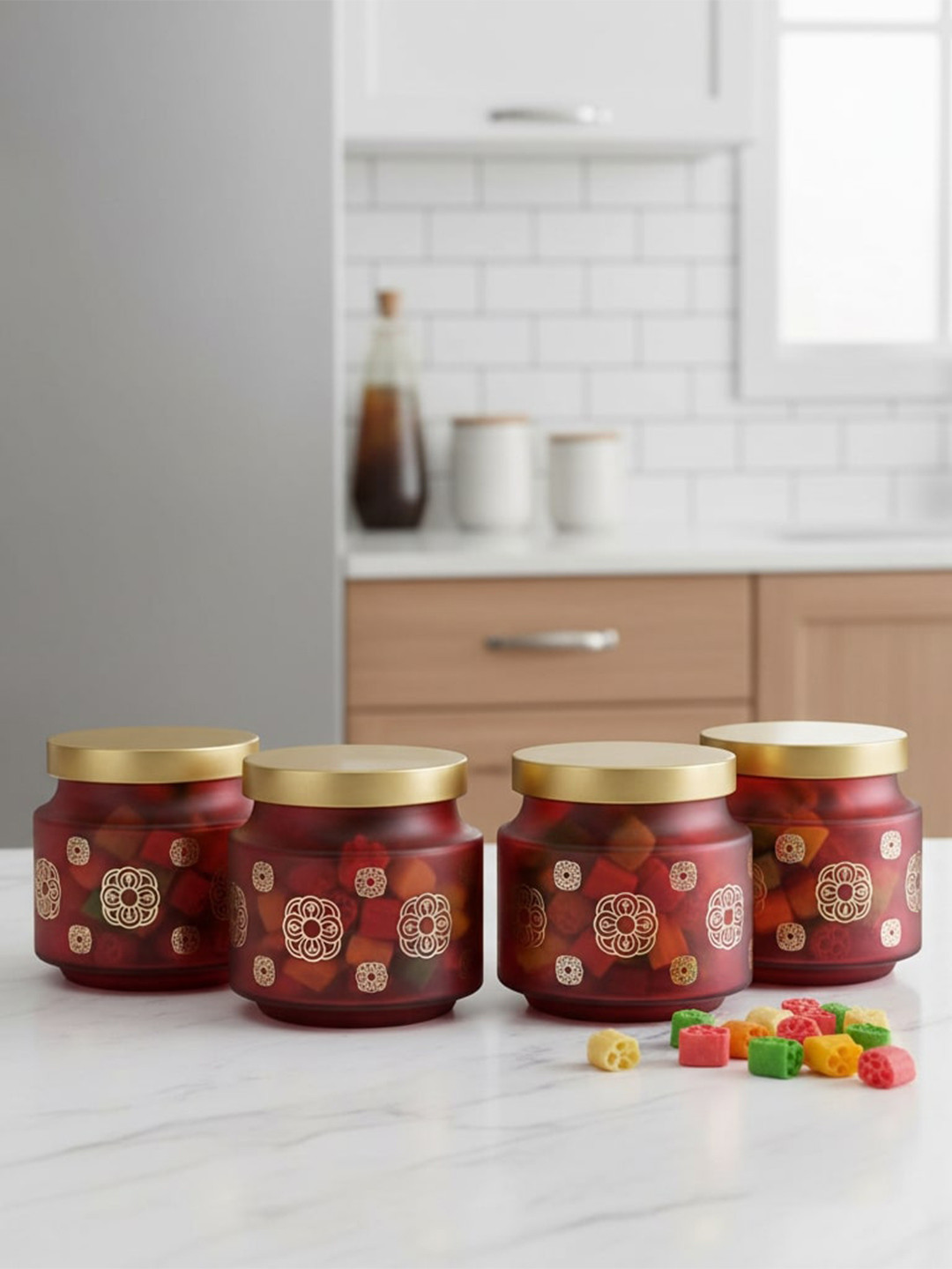 CROCO JAR Red 4 Pieces Glass Dishwasher Safe Container 600 ml