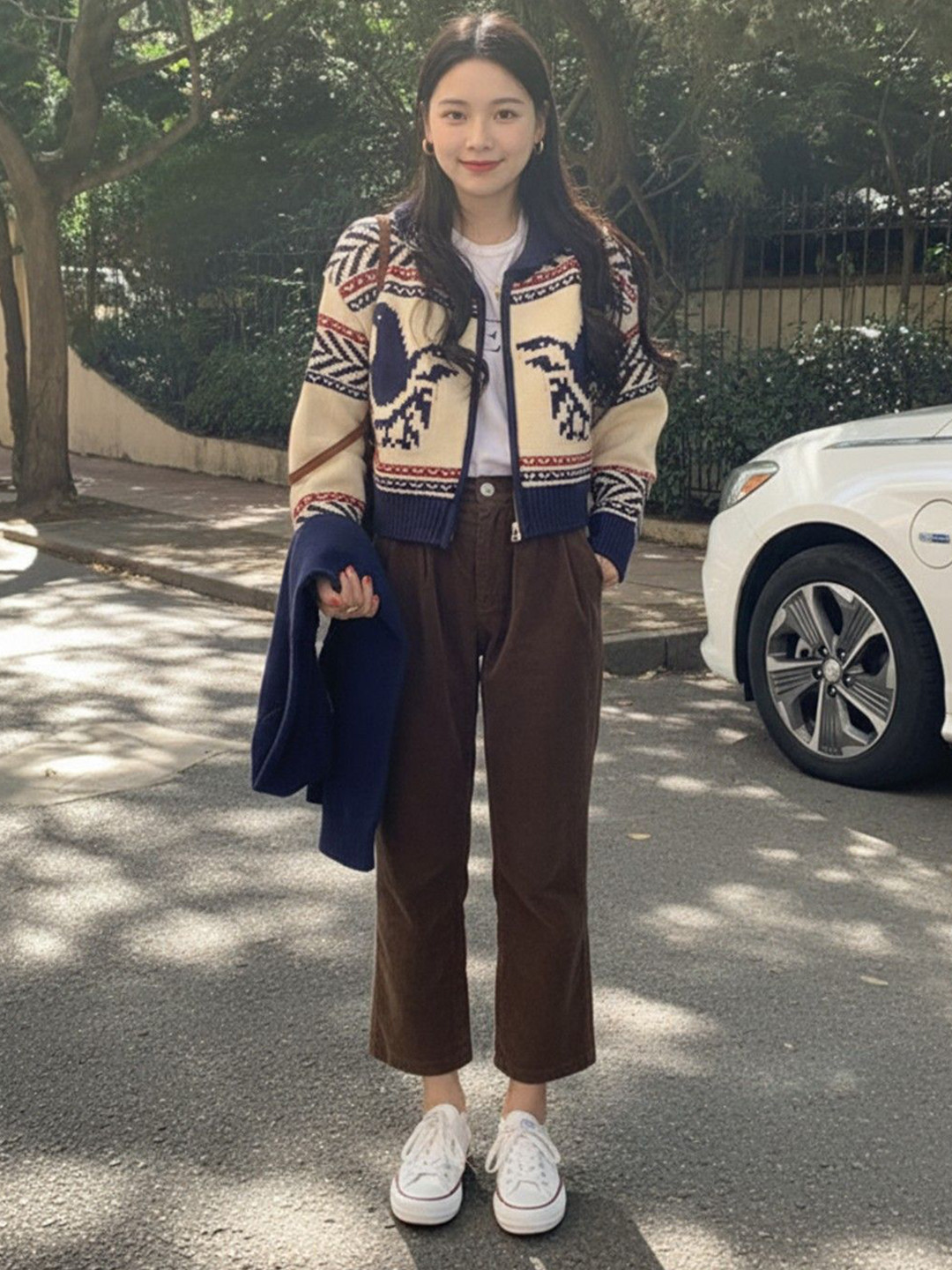 HERE&NOW Women Self Design Long Sleeves Fair Isle Crop Cardigan