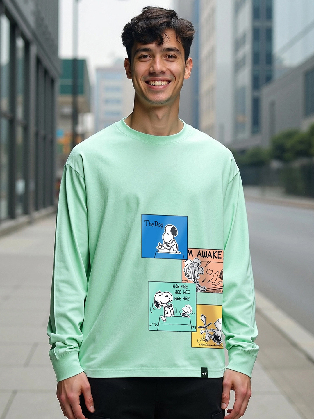 Bewakoof Official Peanuts Merchandise Snoopy Stripboard Printed Cotton Oversized T-shirt