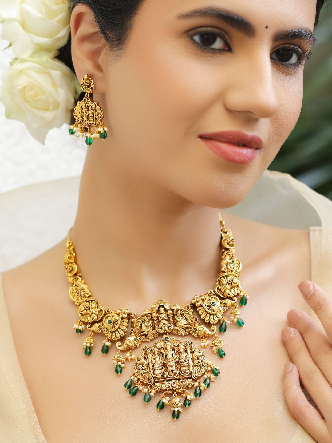 Rubans 18K Gold-Plated Brass Green & Red Stone Temple Necklace Set with Beads
