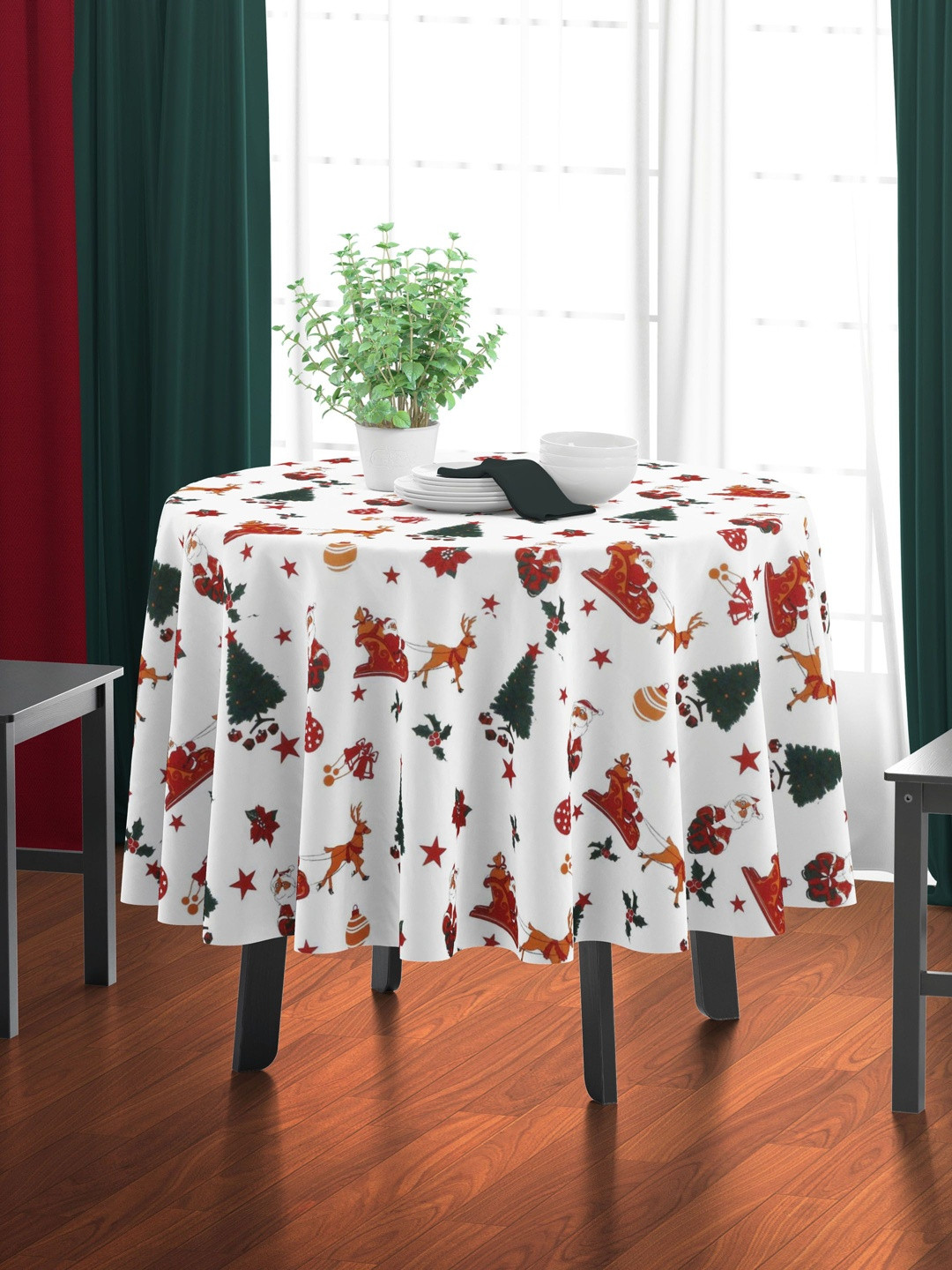 HOME COLORS.IN Multi Christmas Santa Cotton Round 4-Seater Table Cover