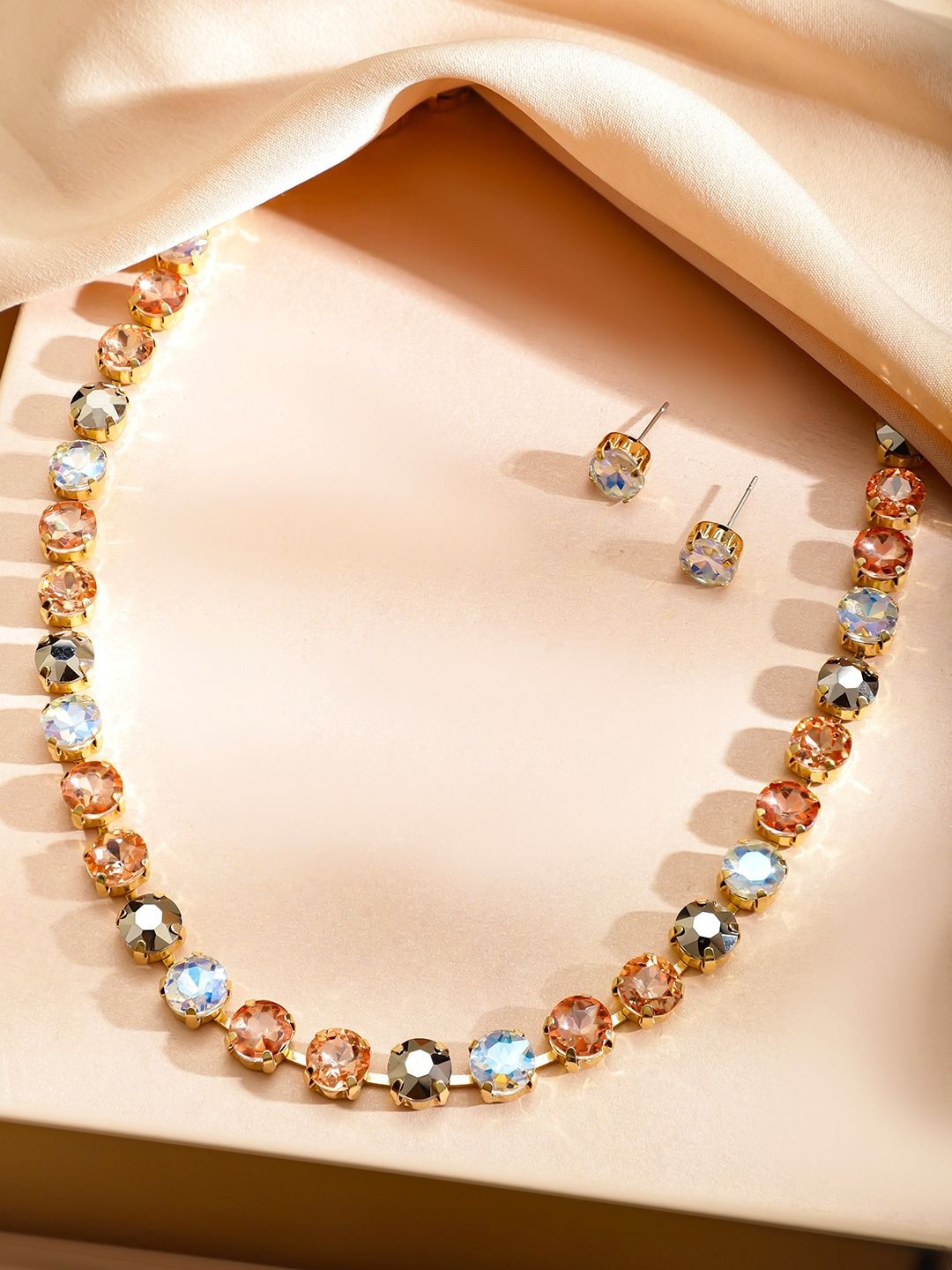 Rubans 22K Gold-Plated Crystal Multicolor Cubic Zirconia Necklace Set with Stud Earrings