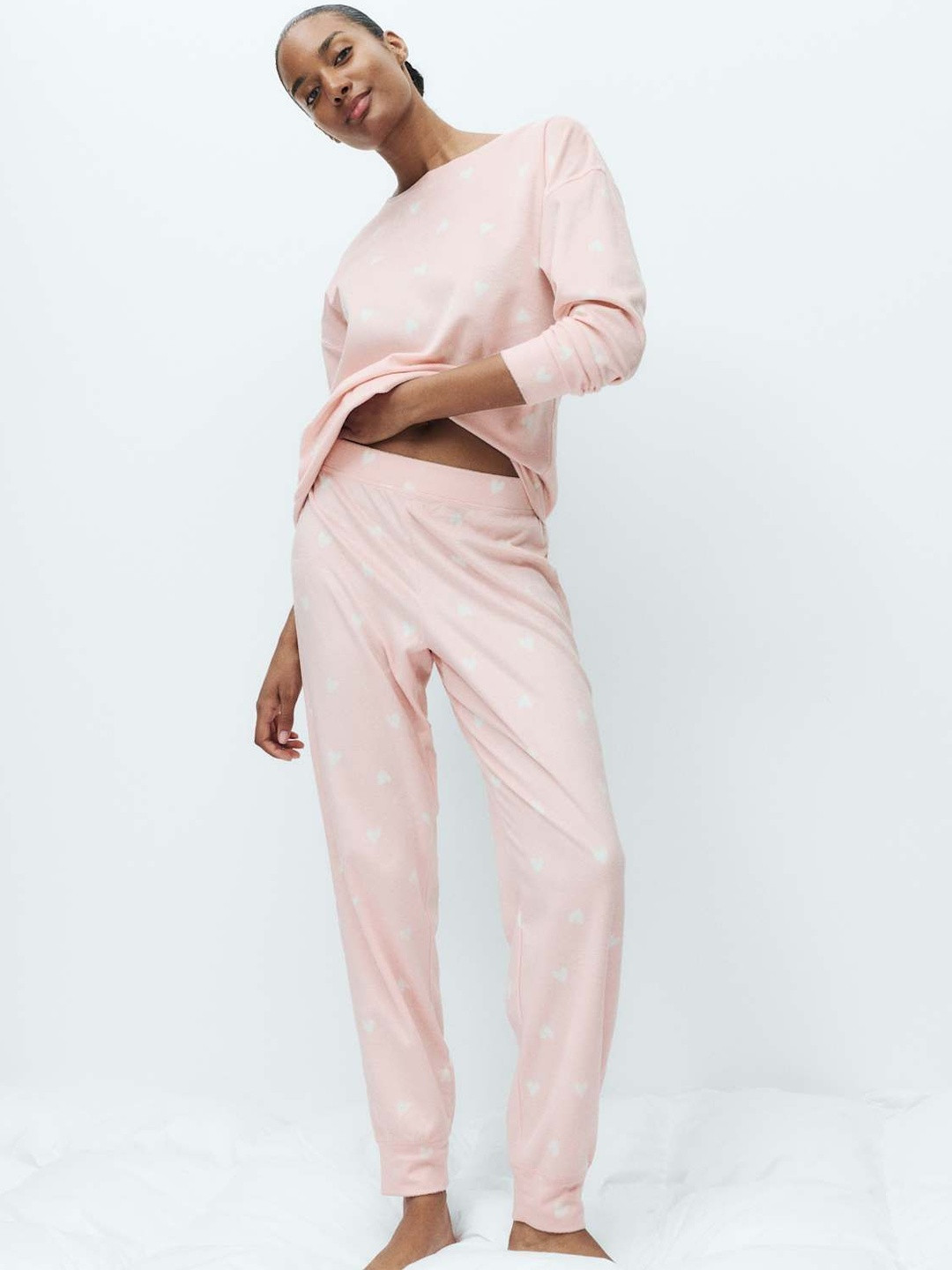 Marks & Spencer Women Fleece Heart Print Cuffed Hem Night suit