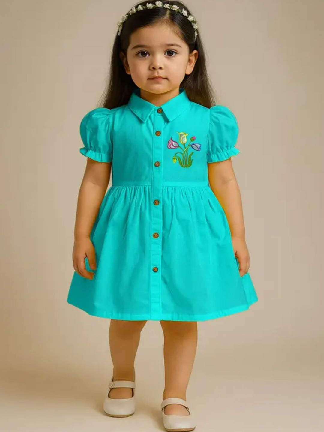 Heni fashion Girls Floral Puff Sleeve Fit & Flare Dress