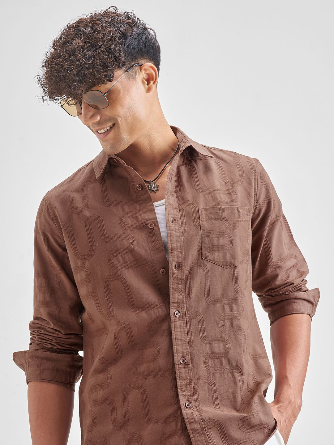 HIGHLANDER Textured Spread Collar Cotton Slim Fit Shirt