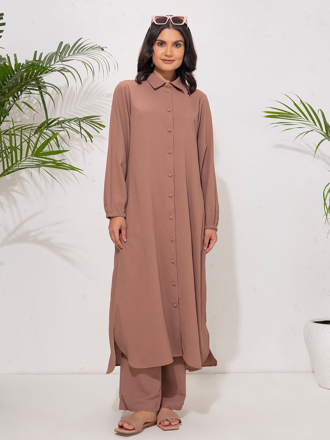 SANASH Collections Shirt Collar Long Puffed Sleeves Button-Front Tunic With Trouser