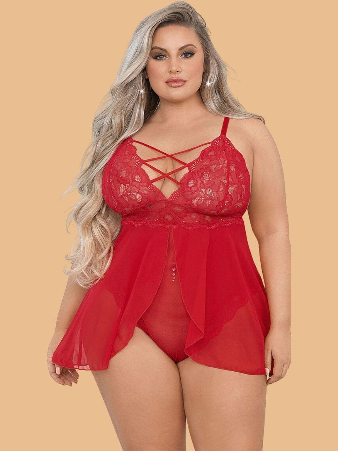 ZERJAMA Plus Size Criss-Cross Lace Halter Neck Baby Doll