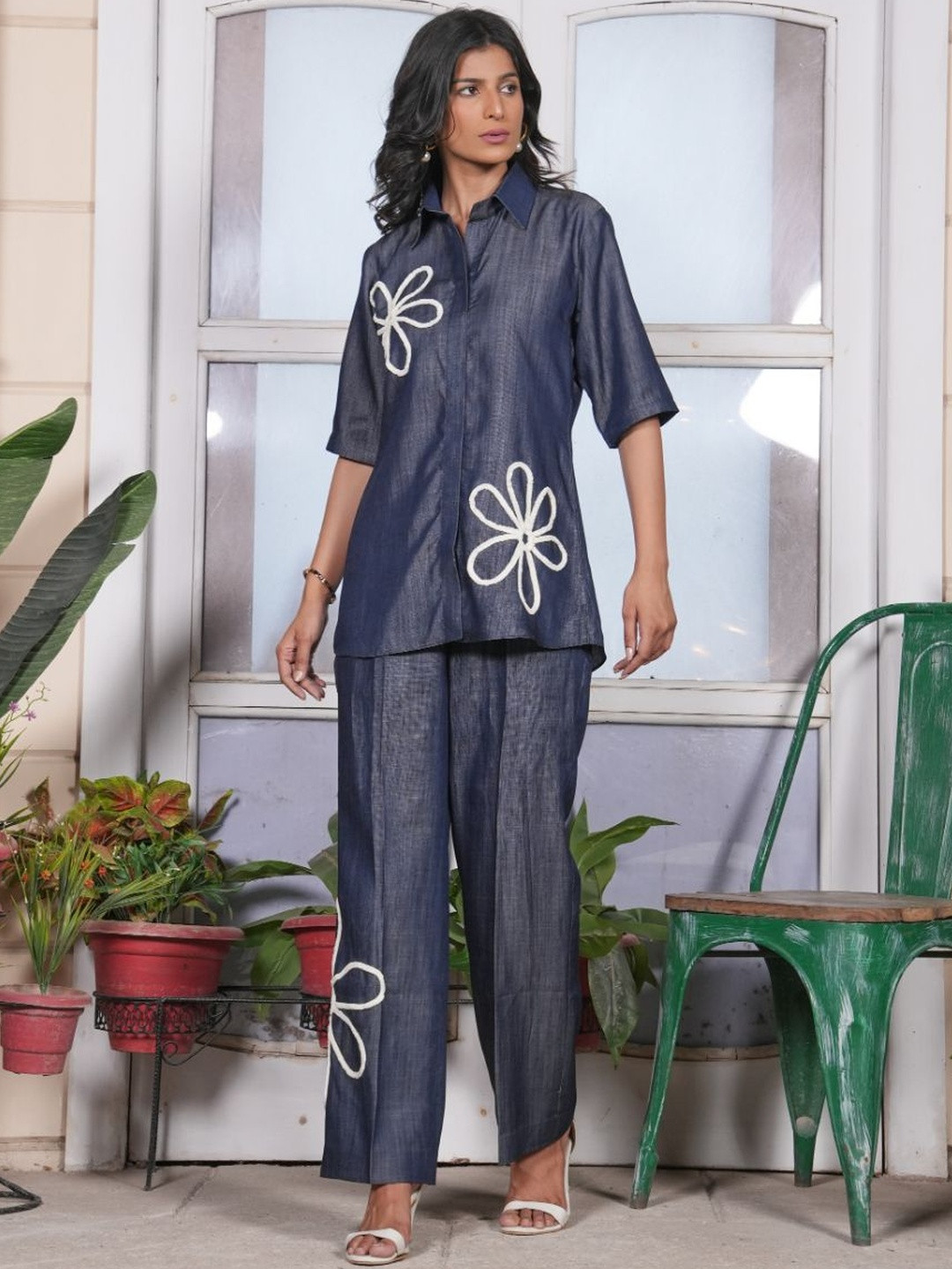 Golden Mirror Floral Embroidered Pure Cotton Shirt With Trousers