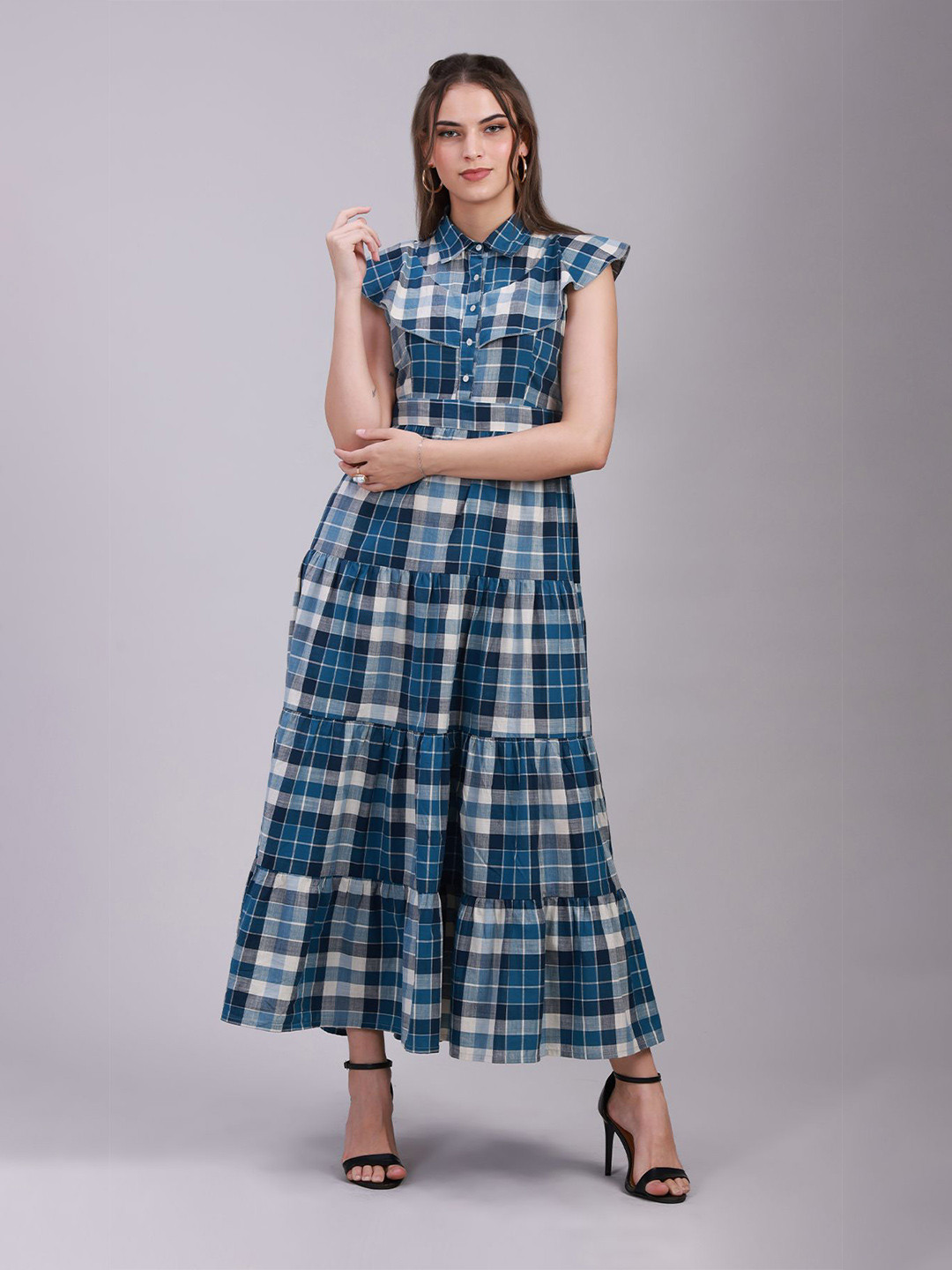 Sands of India Women Checked Tired Shirt Style Fit & Flare Maxi Dress