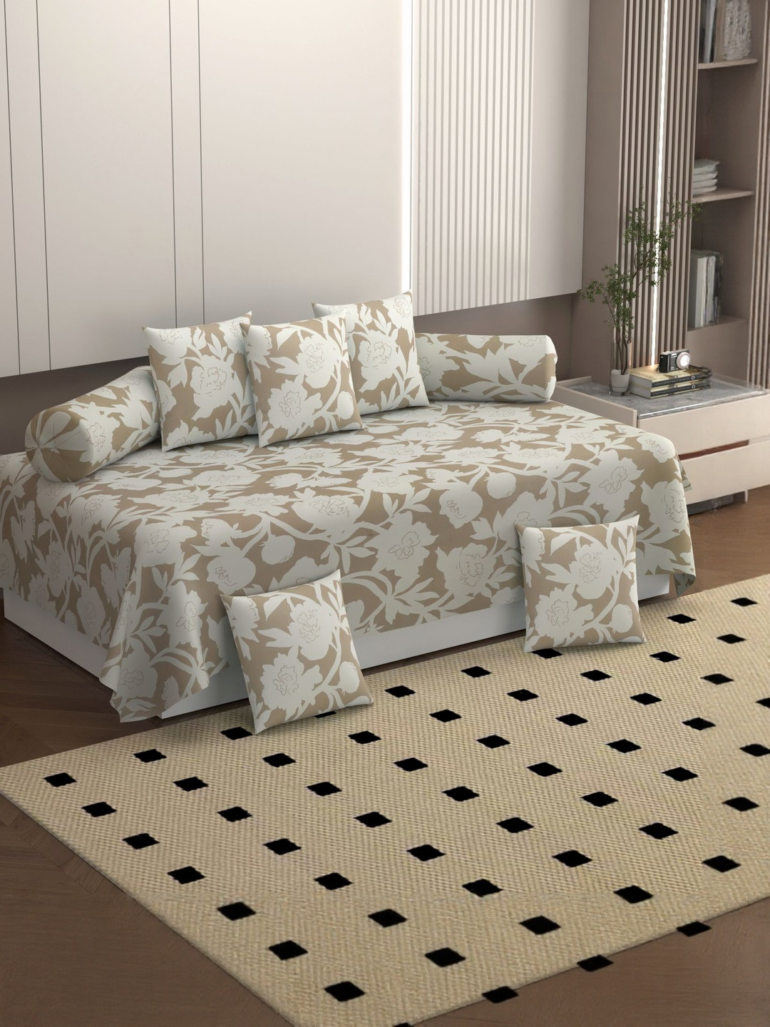 Bromwick 8 Pieces Cream & Pink Printed Cotton Bedsheet With Bolster & Cushion Covers