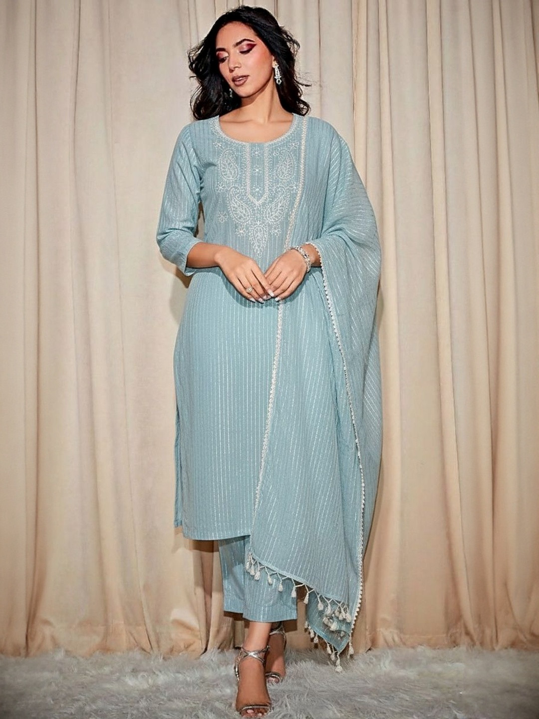 Sangria Embroidered Kurta Trousers & Dupatta Set