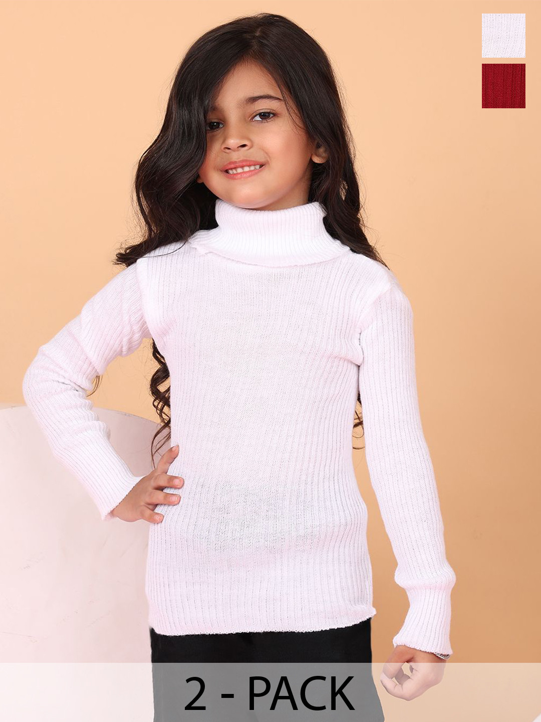 Superminis Girls Pack Of 2 Ribbed Turtle Neck Woollen Pullover Sweaters