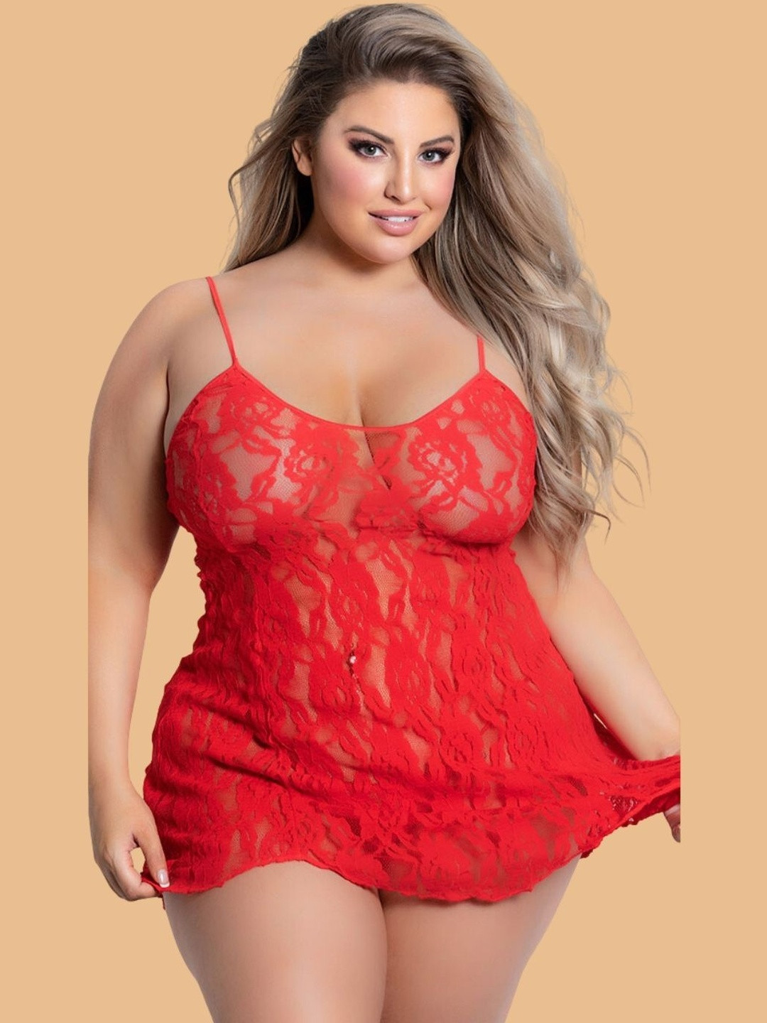 ZERJAMA Women Sheer All-Over Lace Baby Doll With Matching G-String