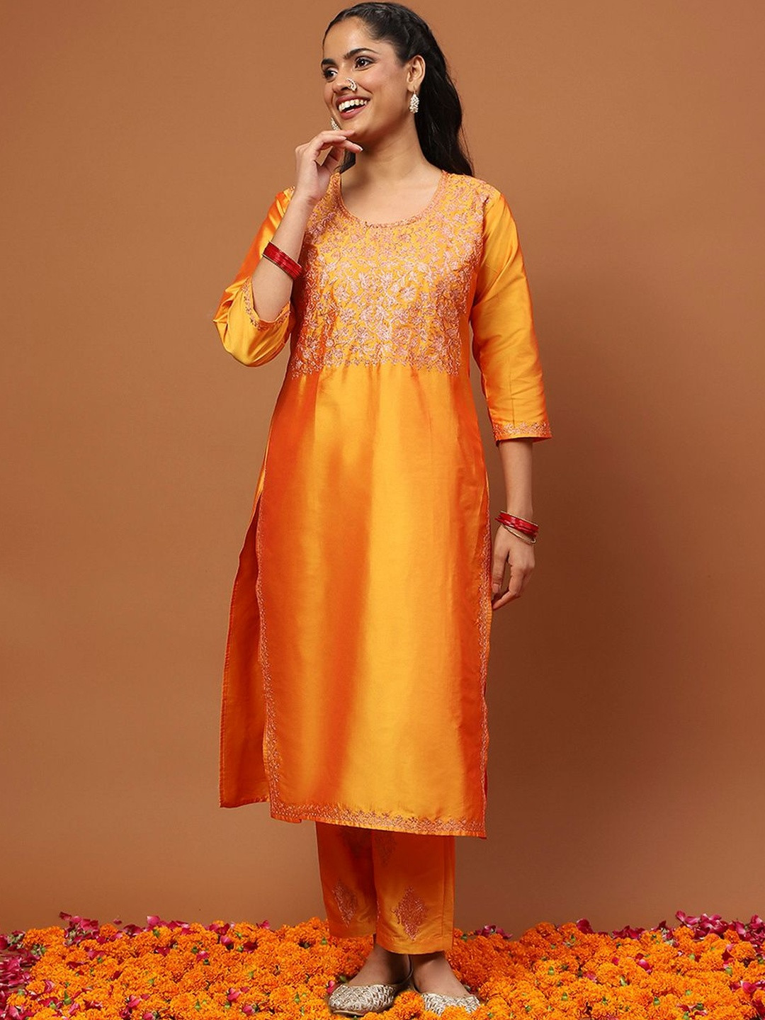 House of Chikankari Women's Art Silk Embroidered 2 PC Long Kurta Set